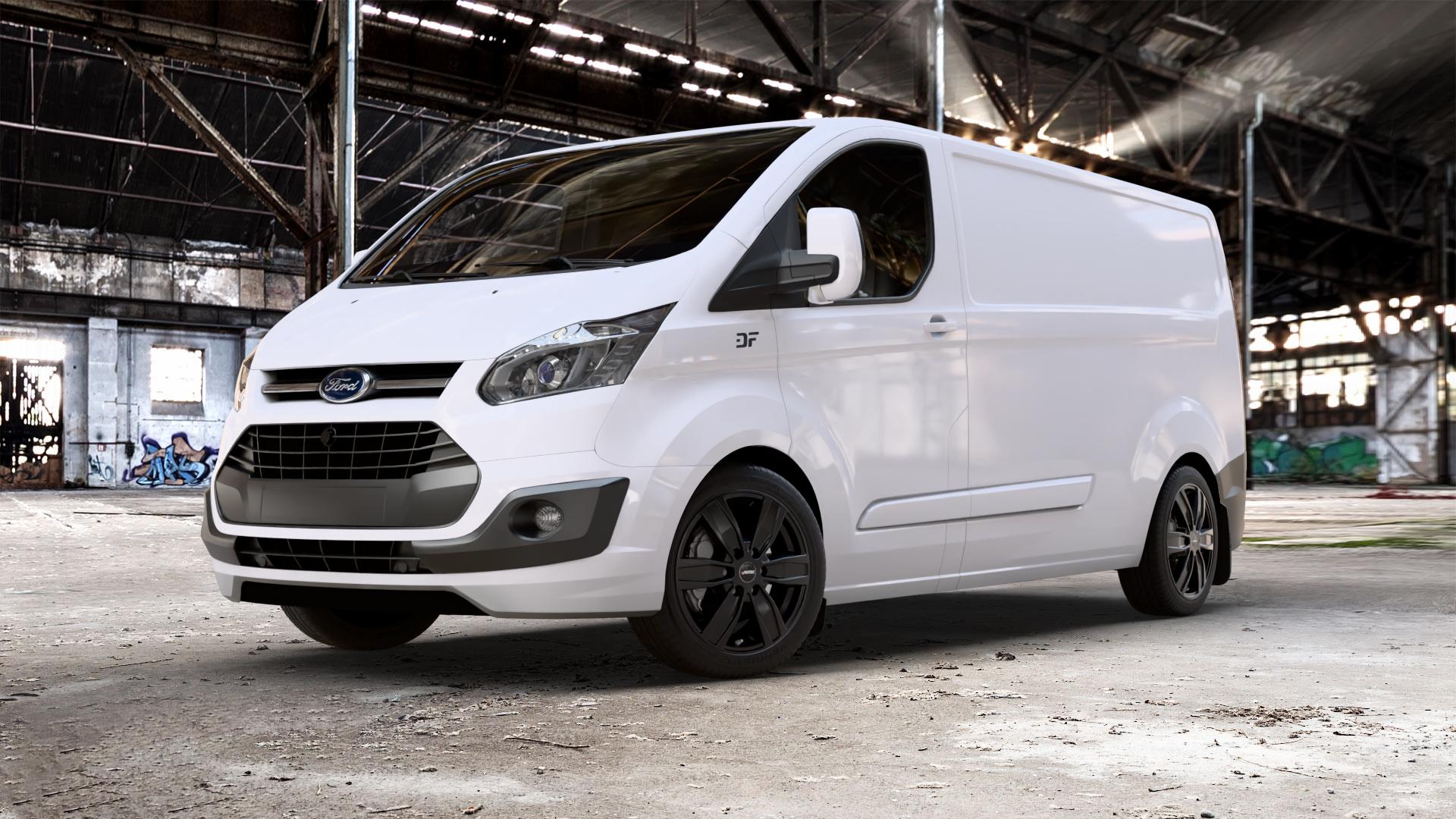 AUTEC Quantro Schwarz matt Felge mit Reifen in 18Zoll Winterfelge Alufelge auf weissem Ford Transit Custom Typ FCC (12->) ⬇️ mit 15mm Tieferlegung ⬇️ Old Industrial Hall_max_5300mm_2024 Frontansicht_1