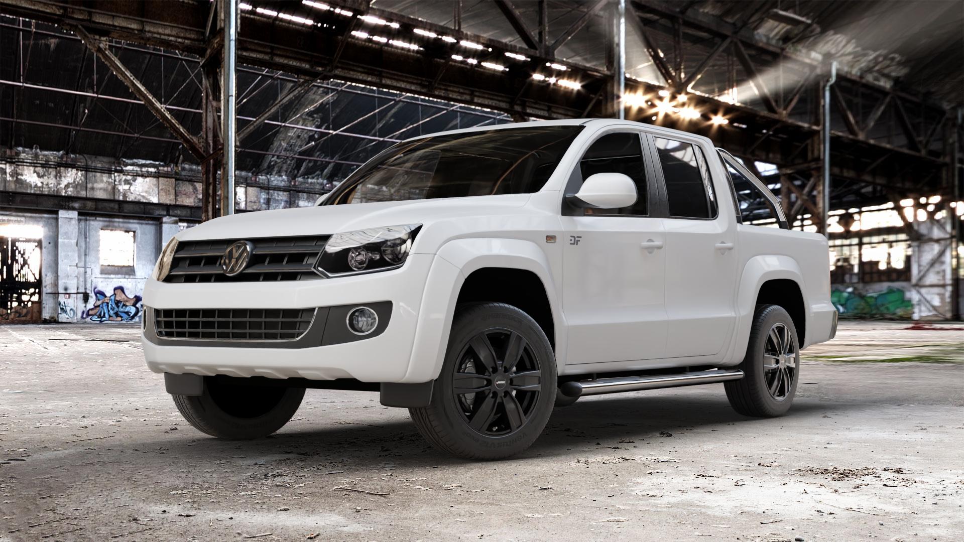 AUTEC Quantro Schwarz matt Felge mit Reifen in 18Zoll Winterfelge Alufelge auf weissem Volkswagen (VW) Amarok I Typ 2H 2HS2 ⬇️ mit 15mm Tieferlegung ⬇️ Old Industrial Hall_max_5300mm_2024 Frontansicht_1