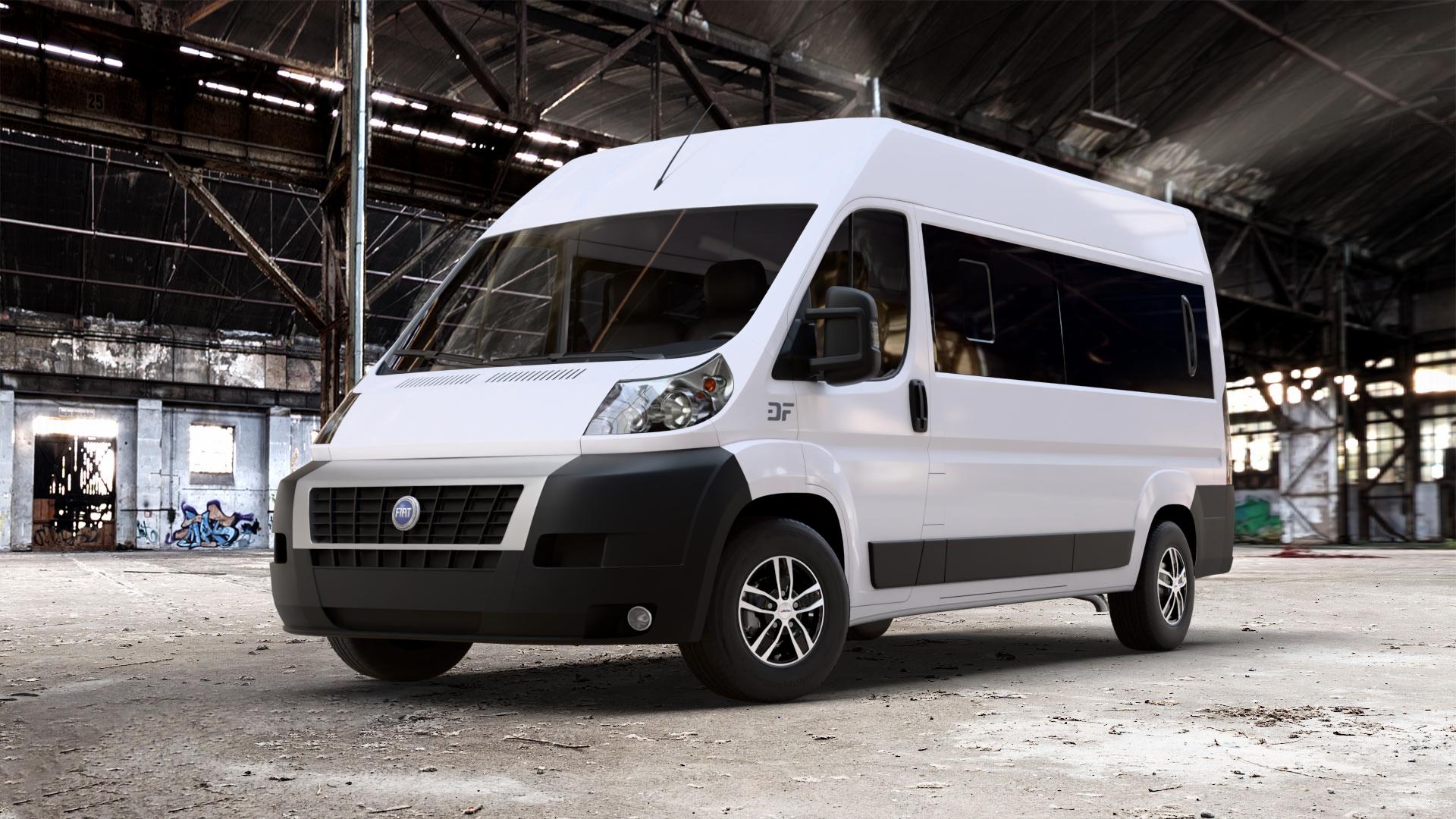 AUTEC Quantro Schwarz poliert Felge mit Reifen in 15Zoll Alufelge auf weissem Fiat Ducato Bus Typ 250 ⬇️ mit 15mm Tieferlegung ⬇️ Old Industrial Hall_max_7000mm_2024 Frontansicht_1