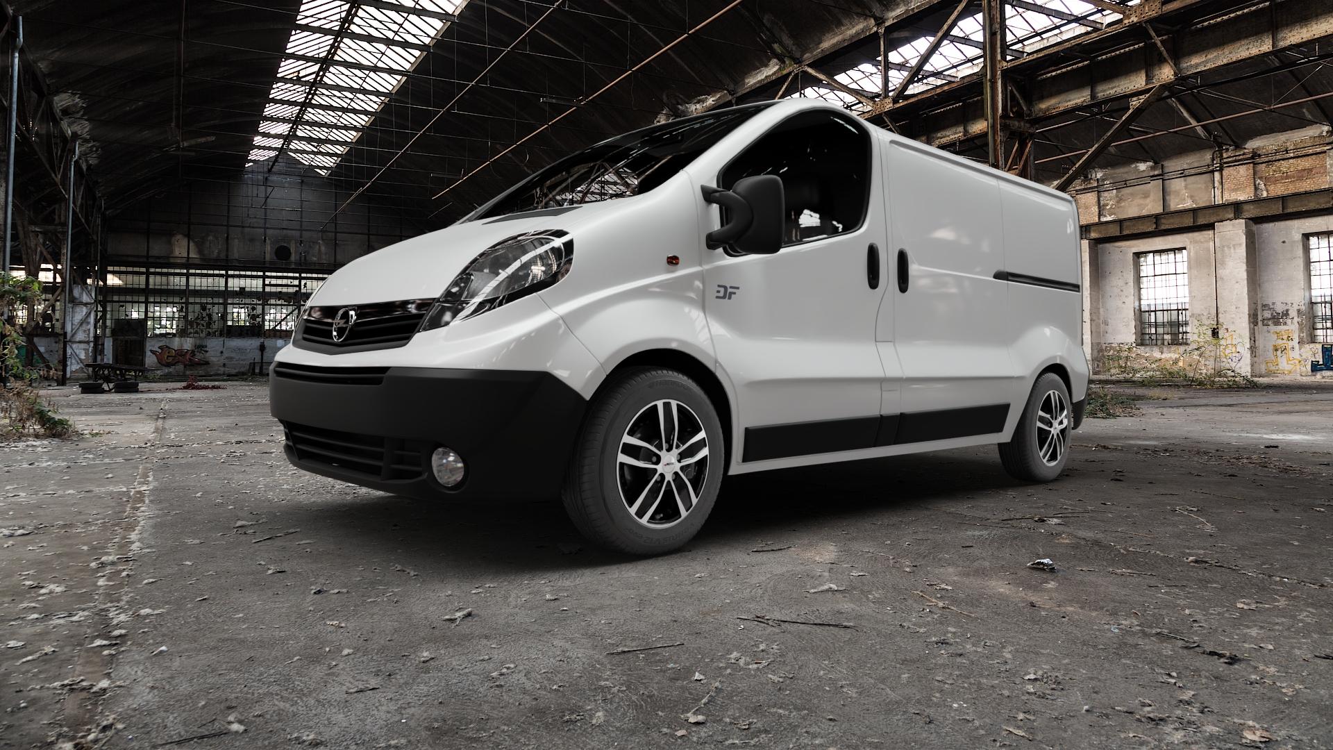 AUTEC Quantro Schwarz poliert Felge mit Reifen in 16Zoll Alufelge auf weissem Opel Vivaro A Kasten ⬇️ mit 15mm Tieferlegung ⬇️ Old Industrial Hall_max5000mm_2022 Frontansicht_1