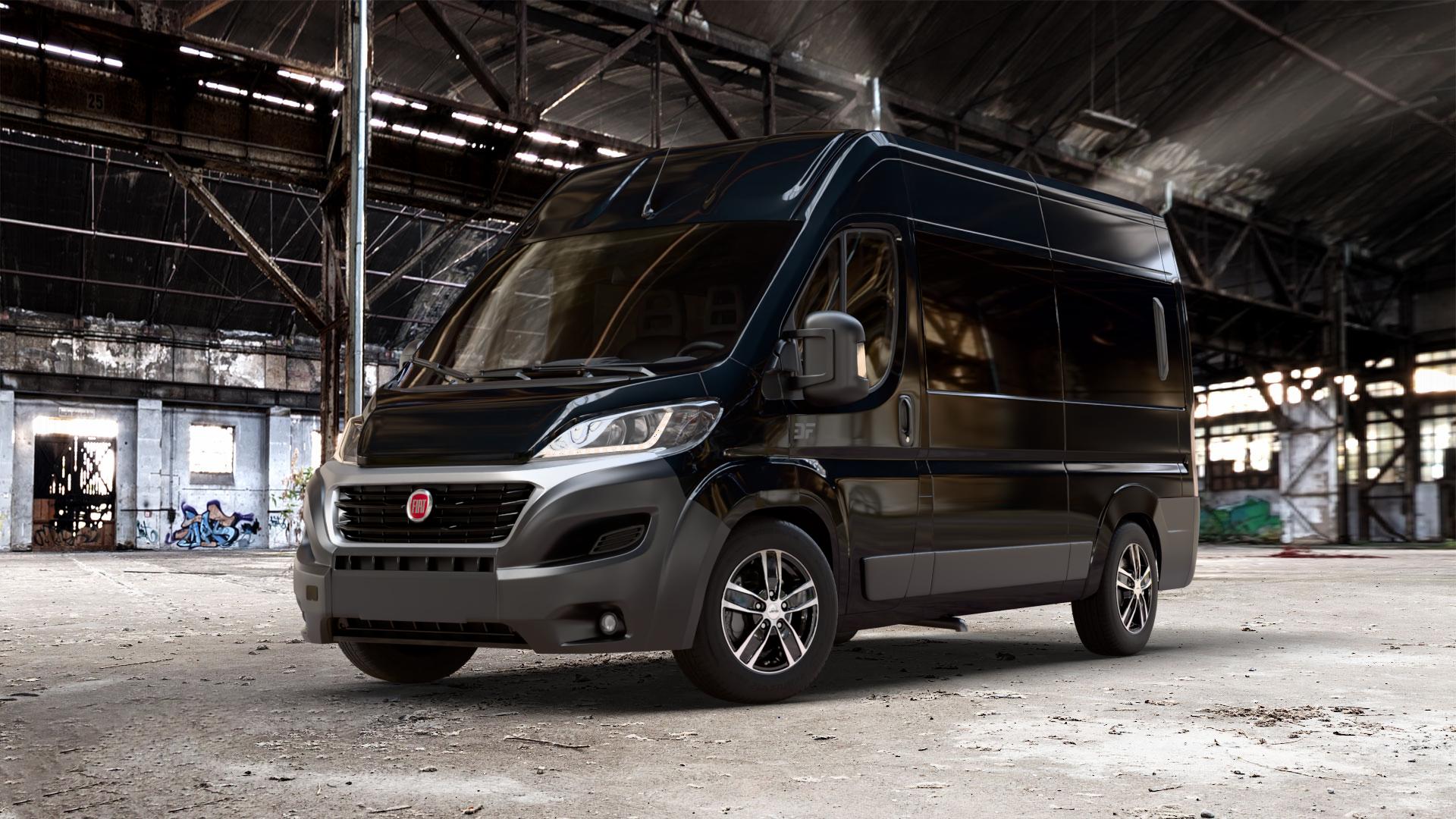 AUTEC Quantro Schwarz poliert Felge mit Reifen in 17Zoll Alufelge auf schwarzem metallic Fiat Ducato Bus Typ 250 Facelift ⬇️ mit 15mm Tieferlegung ⬇️ Old Industrial Hall_max_7000mm_2024 Frontansicht_1