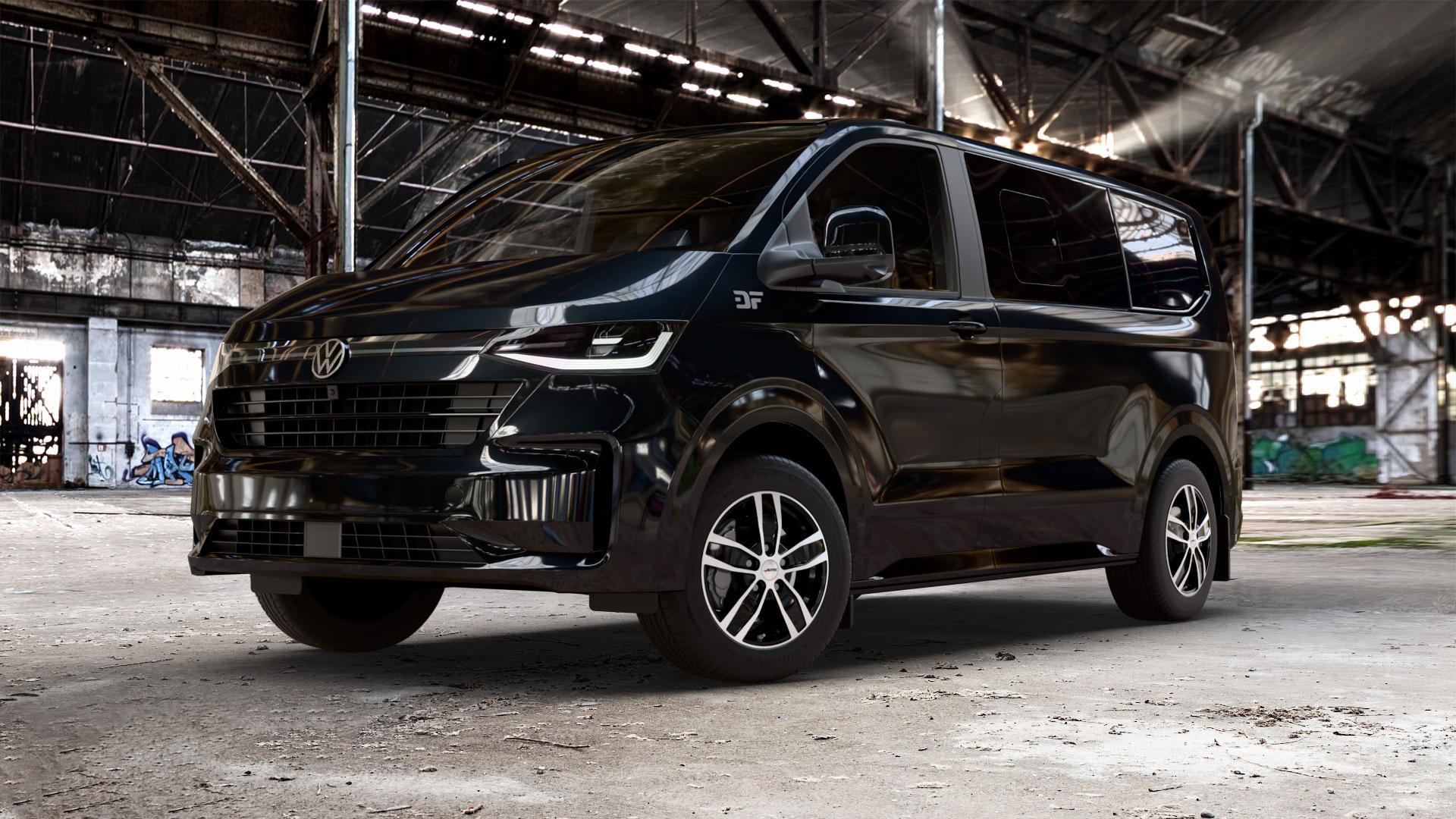 AUTEC Quantro Schwarz poliert Felge mit Reifen in 17Zoll Alufelge auf schwarzem Volkswagen (VW) T7 Caravelle ⬇️ mit 15mm Tieferlegung ⬇️ Old Industrial Hall_max_5300mm_2024 Frontansicht_1