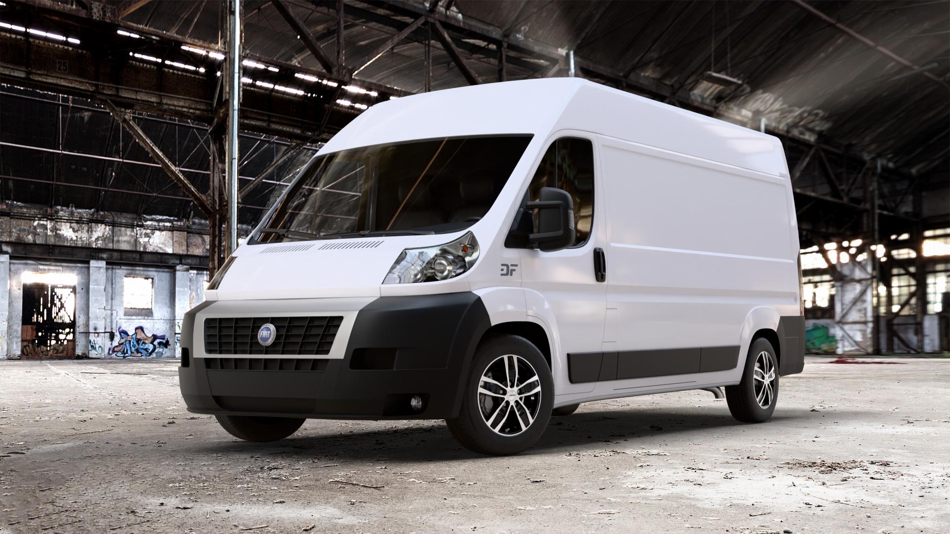 AUTEC Quantro Schwarz poliert Felge mit Reifen in 17Zoll Alufelge auf weissem Fiat Ducato Kasten Typ 250 ⬇️ mit 15mm Tieferlegung ⬇️ Old Industrial Hall_max_7000mm_2024 Frontansicht_1