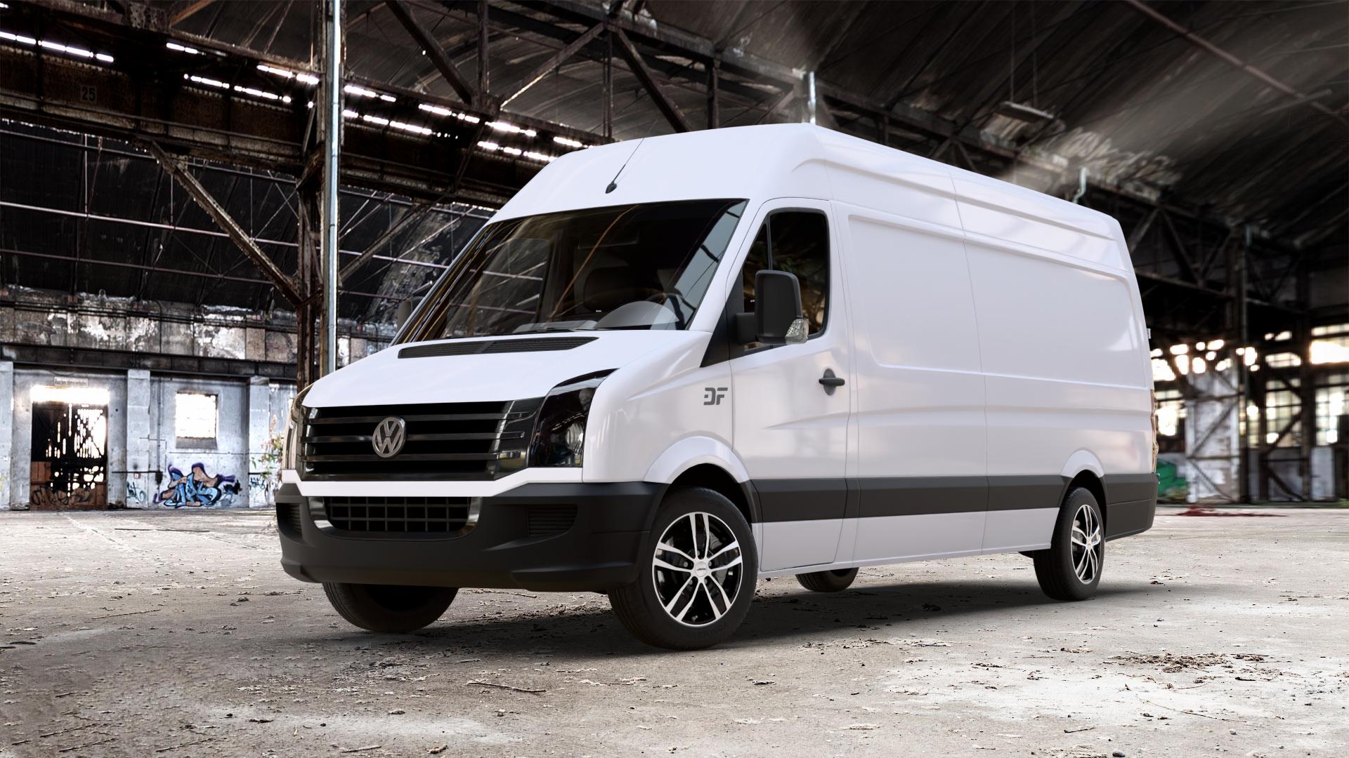 AUTEC Quantro Schwarz poliert Felge mit Reifen in 17Zoll Alufelge auf weissem Volkswagen (VW) Crafter 30-50 Kasten 30-35 Bus Typ 2EC1 2EC2 2EKE1 2EKE2 2EKZ 4Motion ⬇️ mit 15mm Tieferlegung ⬇️ Old Industrial Hall_max_7000mm_2024 Frontansicht_1