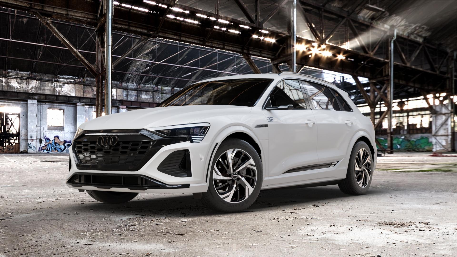 AUTEC Rixon Schwarz poliert Felge mit Reifen in 19Zoll Winterfelge Alufelge auf weissem Audi Q8 Typ GE ⬇️ mit 15mm Tieferlegung ⬇️ Old Industrial Hall_max_5300mm_2024 Frontansicht_1