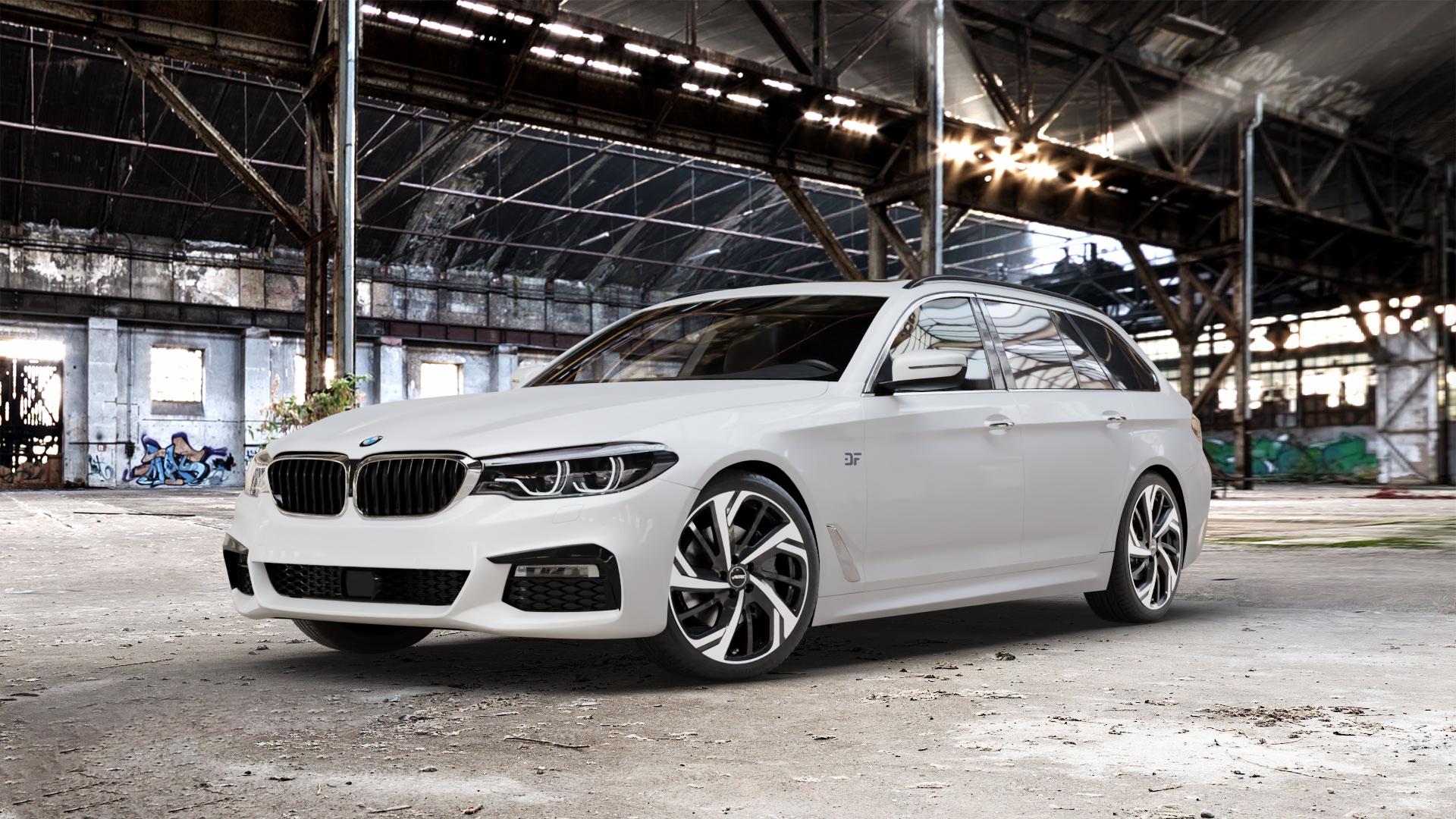 AUTEC Rixon Schwarz poliert Felge mit Reifen in 19Zoll Winterfelge Alufelge auf weissem BMW M5 Typ F90 (Limousine) Facelift 5er G31 Touring (G5K) ⬇️ mit 15mm Tieferlegung ⬇️ Old Industrial Hall_max_5300mm_2024 Frontansicht_1