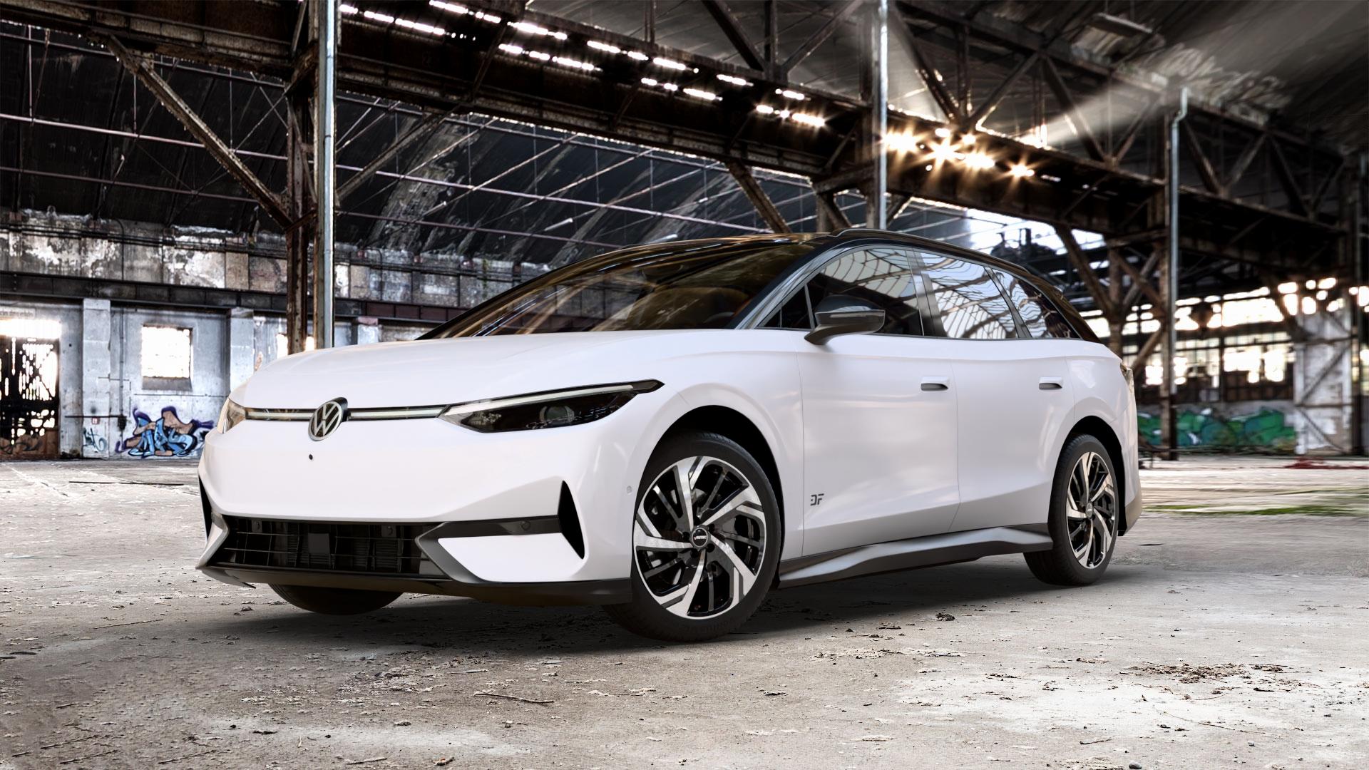 AUTEC Rixon Schwarz poliert Felge mit Reifen in 19Zoll Winterfelge Alufelge auf weissem Volkswagen (VW) ID.7 Tourer ⬇️ mit 15mm Tieferlegung ⬇️ Old Industrial Hall_max_5300mm_2024 Frontansicht_1