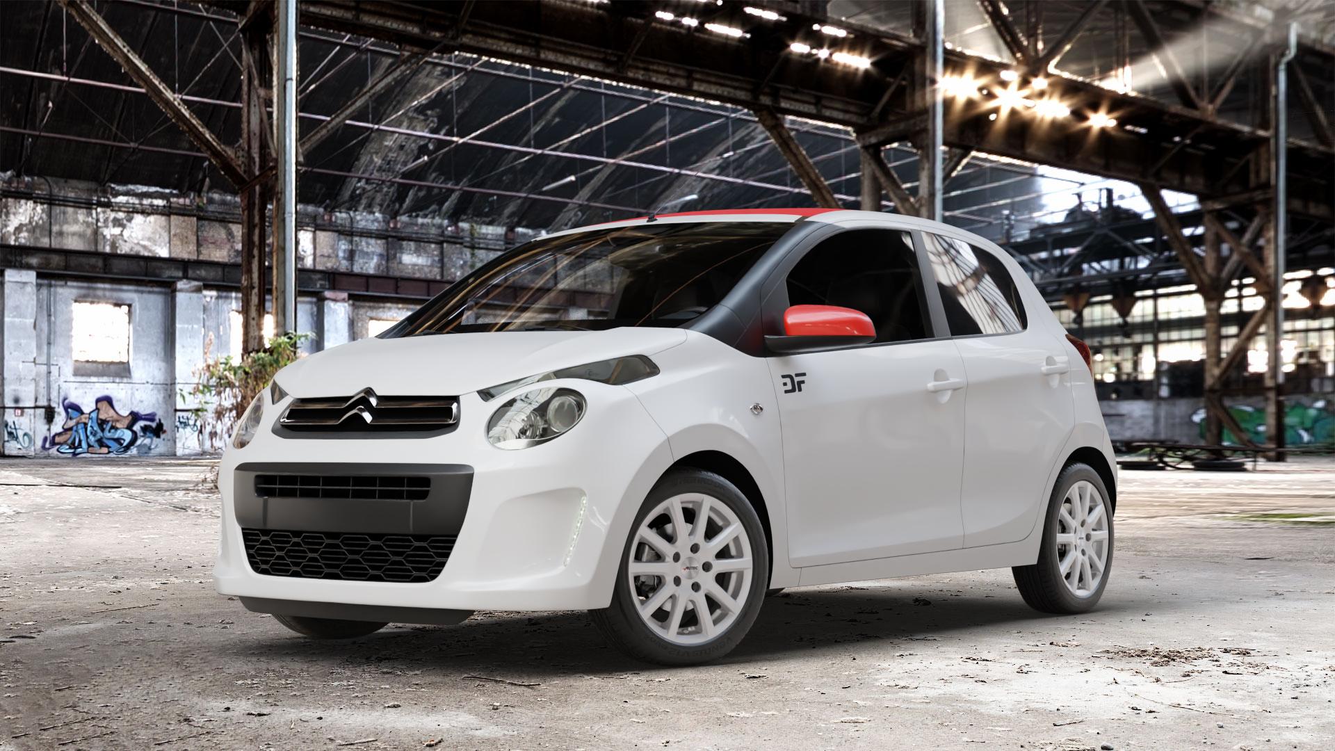 AUTEC Skandic Brillantsilber Felge mit Reifen in 15Zoll Winterfelge Alufelge auf weissem Citroen C1 II ⬇️ mit 15mm Tieferlegung ⬇️ Old Industrial Hall_max_4400mm_2024 Frontansicht_1