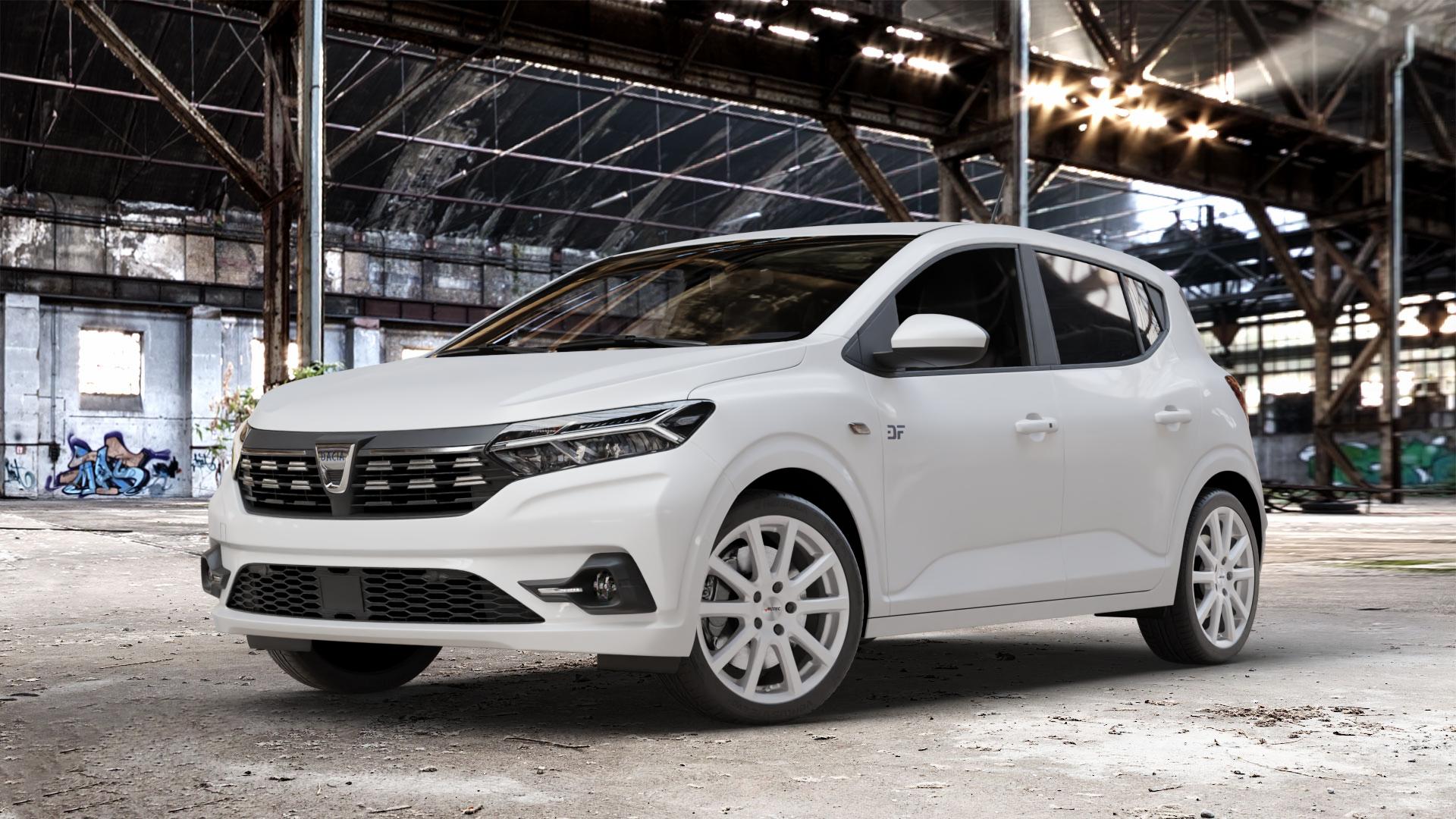 AUTEC Skandic Brillantsilber Felge mit Reifen in 17Zoll Winterfelge Alufelge auf weissem Dacia Sandero III Typ DJF ⬇️ mit 15mm Tieferlegung ⬇️ Old Industrial Hall_max_4400mm_2024 Frontansicht_1