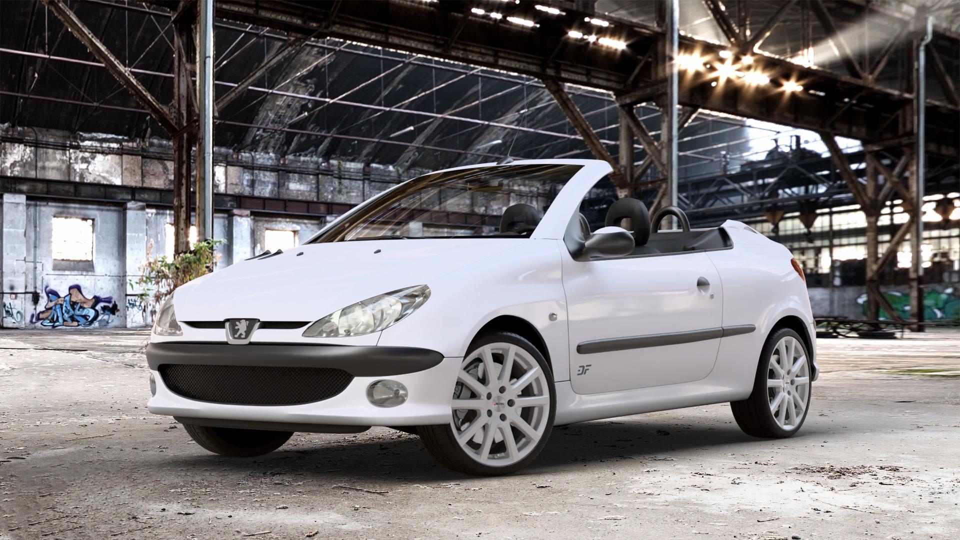 AUTEC Skandic Brillantsilber Felge mit Reifen in 17Zoll Winterfelge Alufelge auf weissem Peugeot 206 CC 1,6l HDi FAP 80kW (109 PS) 16V 2,0l 100kW (136 ⬇️ mit 15mm Tieferlegung ⬇️ Old Industrial Hall_max_4400mm_2024 Frontansicht_1
