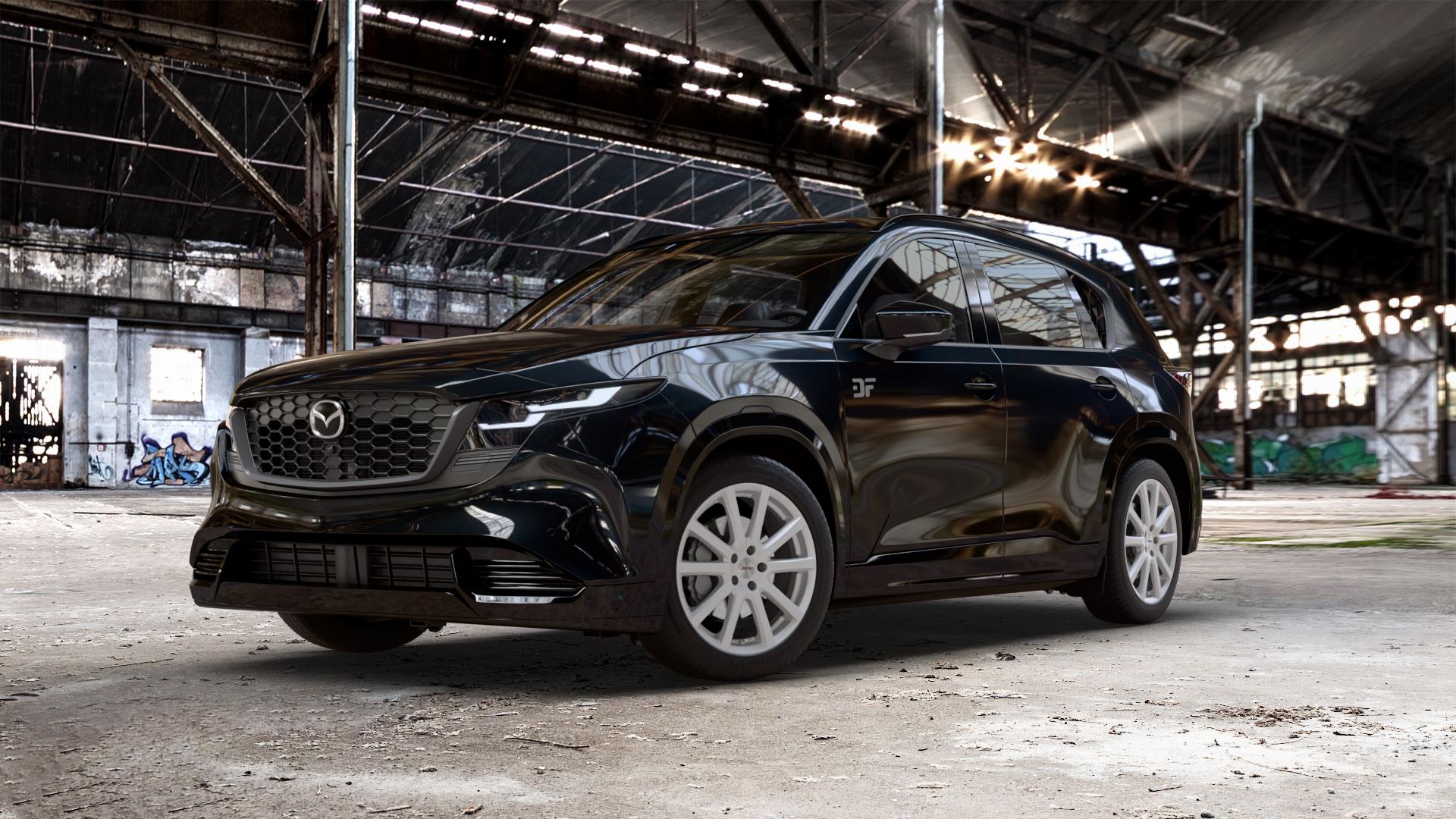 AUTEC Skandic Brillantsilber Felge mit Reifen in 19Zoll Winterfelge Alufelge auf metallic schwarzem Mazda CX-5 Typ KM01 CX ⬇️ mit 15mm Tieferlegung ⬇️ Old Industrial Hall_max_5300mm_2024 Frontansicht_1
