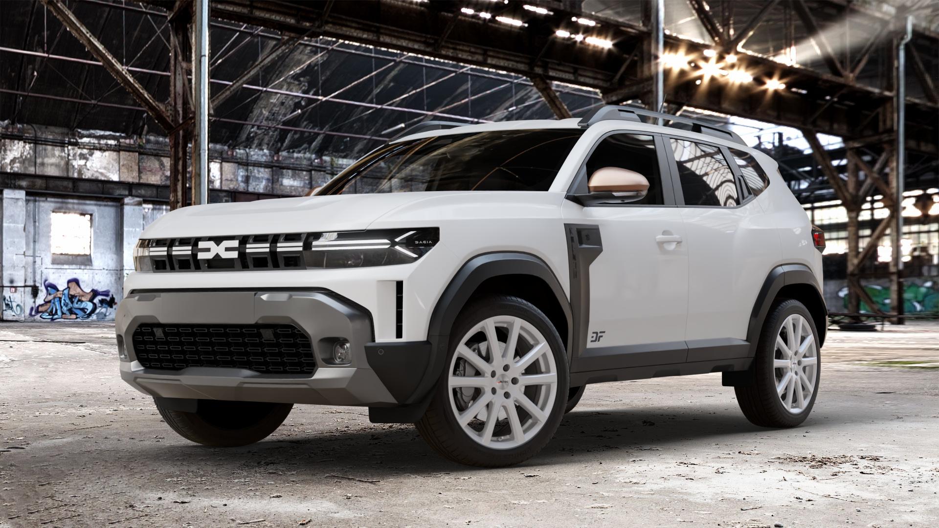 AUTEC Skandic Brillantsilber Felge mit Reifen in 19Zoll Winterfelge Alufelge auf weissem Dacia Duster Typ DJF ⬇️ mit 15mm Tieferlegung ⬇️ Old Industrial Hall_max_4400mm_2024 Frontansicht_1