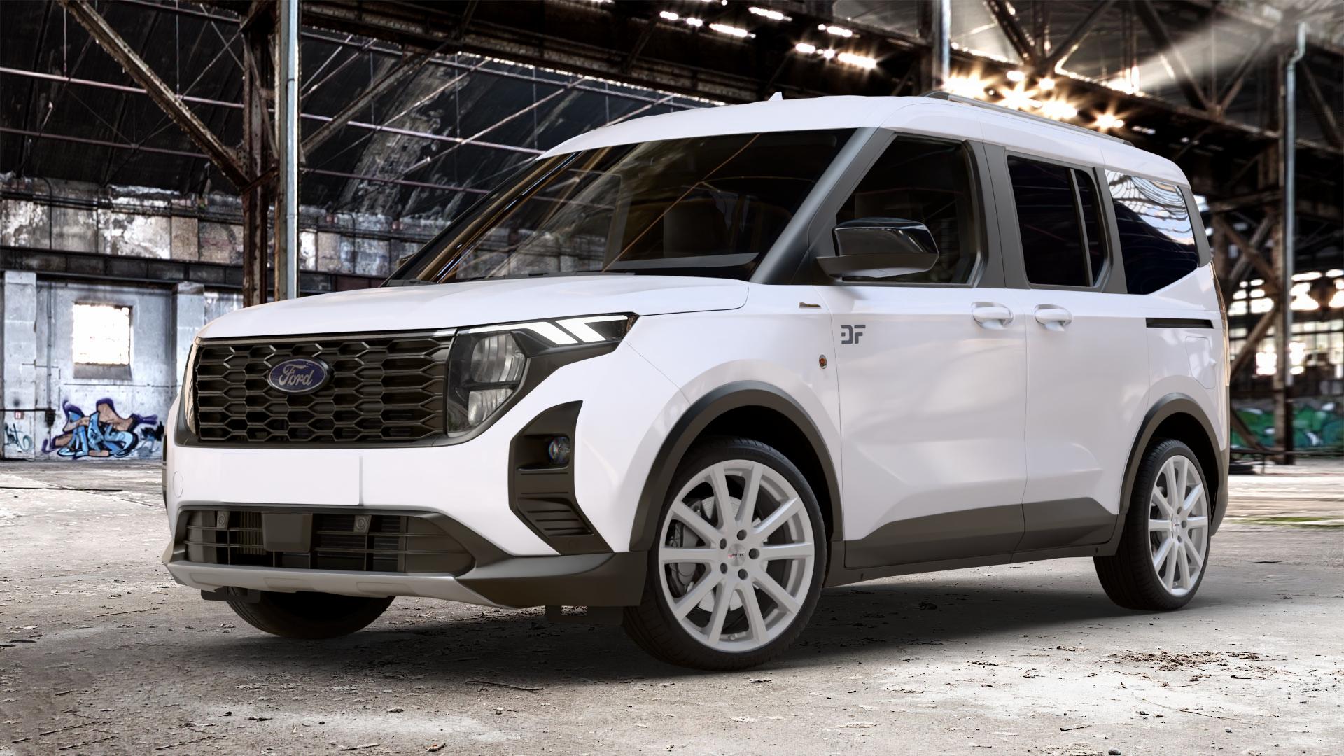 AUTEC Skandic Brillantsilber Felge mit Reifen in 19Zoll Winterfelge Alufelge auf weissem Ford Tourneo Courier Typ N3P 1,0l EcoBoost 92kW (125 PS) 74kW (101 1,5l EcoBlue 73kW (99 ⬇️ mit 15mm Tieferlegung ⬇️ Old Industrial Hall_max_4400mm_2024 Frontansicht_1