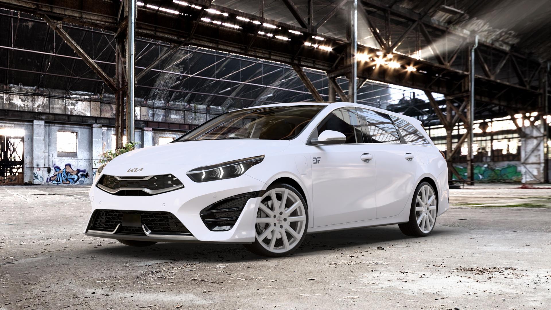 AUTEC Skandic Brillantsilber Felge mit Reifen in 19Zoll Winterfelge Alufelge auf weissem Kia Ceed Kombi Typ CD Facelift 1,0l T-GDI 88kW Mild-Hybrid (120 PS) 74kW (101 1,5l 118kW (160 1,6l CRDi 100kW (136 GDI 77kW Hybrid (105 103kW (140 ⬇️ mit 15mm Tieferlegung ⬇️ Old Industrial Hall_max_5300mm_2024 Frontansicht_1