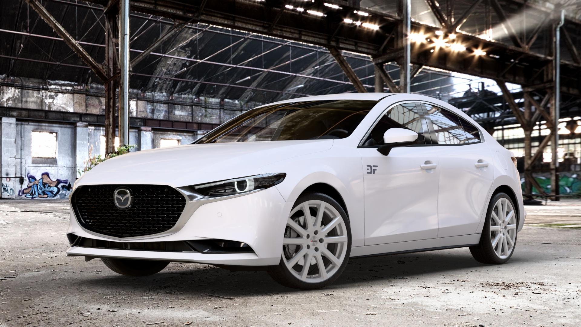AUTEC Skandic Brillantsilber Felge mit Reifen in 19Zoll Winterfelge Alufelge auf weissem Mazda 3 (19-) Limousine (BPE) (BP) ⬇️ mit 15mm Tieferlegung ⬇️ Old Industrial Hall_max_4400mm_2024 Frontansicht_1