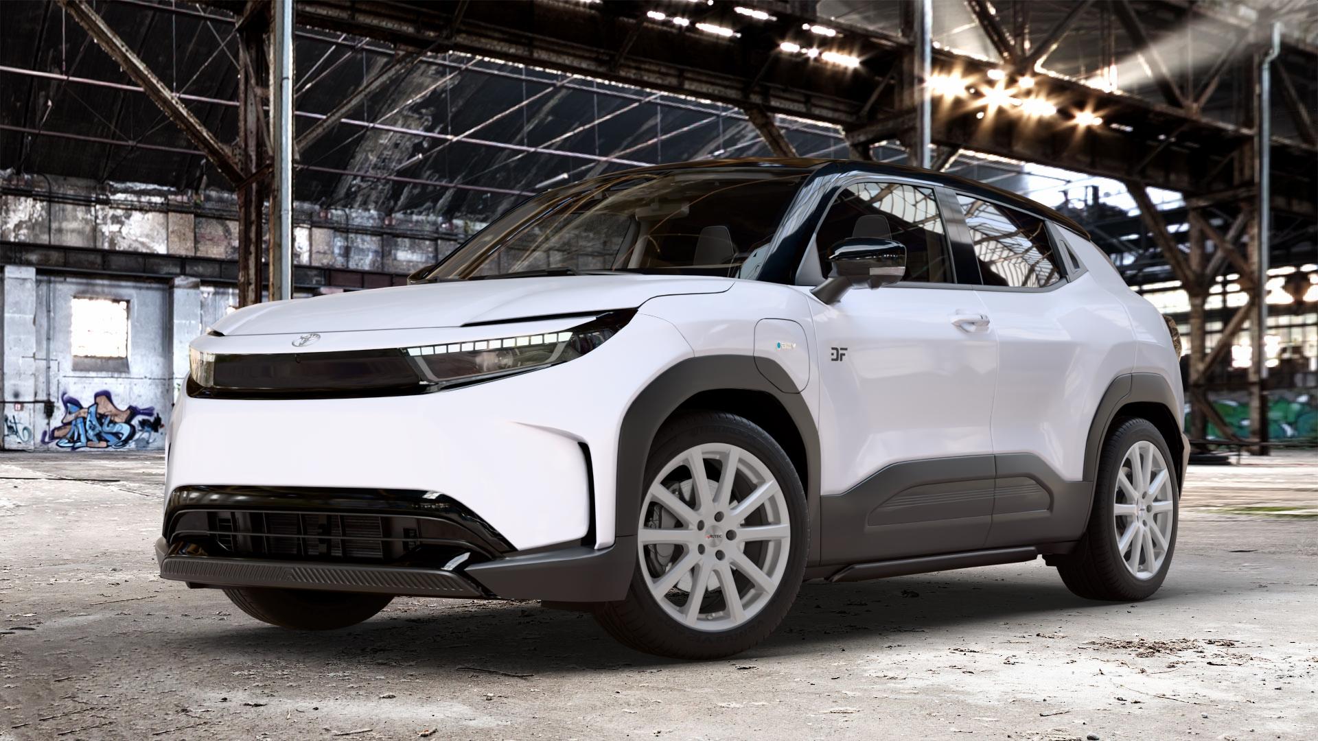 AUTEC Skandic Brillantsilber Felge mit Reifen in 19Zoll Winterfelge Alufelge auf weissen Toyota Urban Cruiser Typ BP ⬇️ mit 15mm Tieferlegung ⬇️ Old Industrial Hall_max_4400mm_2024 Frontansicht_1