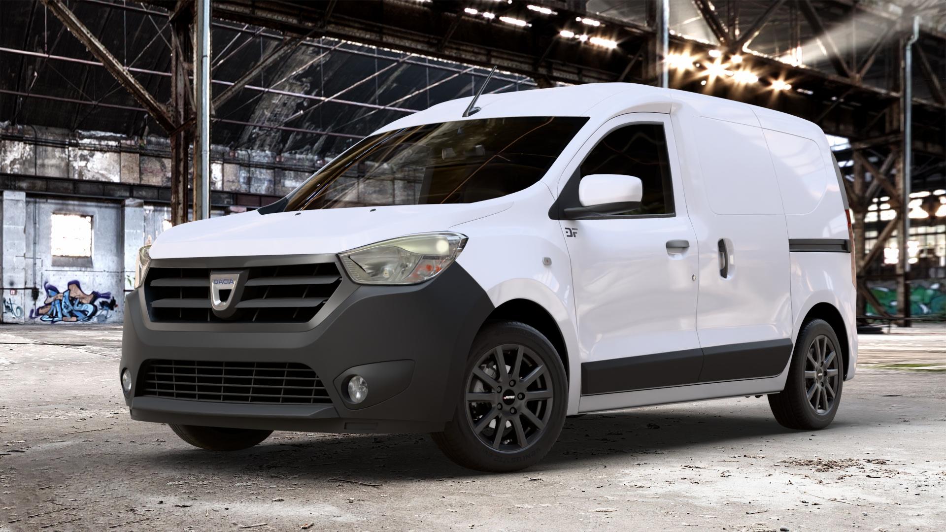 AUTEC Skandic Schwarz matt Felge mit Reifen in 15Zoll Winterfelge Alufelge auf weissem Dacia Dokker Express Typ SD 1,2l 16V 84kW (114 PS) 1,5l dCi 55kW (75 66kW (90 1,6l MPI 61kW (83 LPG ⬇️ mit 15mm Tieferlegung ⬇️ Old Industrial Hall_max_4400mm_2024 Frontansicht_1