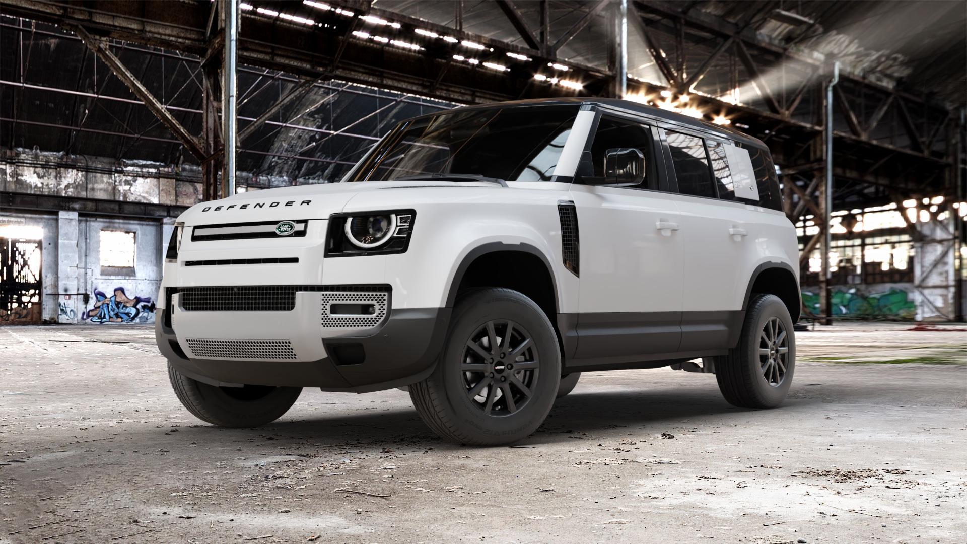 AUTEC Skandic Schwarz matt Felge mit Reifen in 16Zoll Winterfelge Alufelge auf weissem Land Rover Defender 110 Typ LE ⬇️ mit 15mm Tieferlegung ⬇️ Old Industrial Hall_max_5300mm_2024 Frontansicht_1