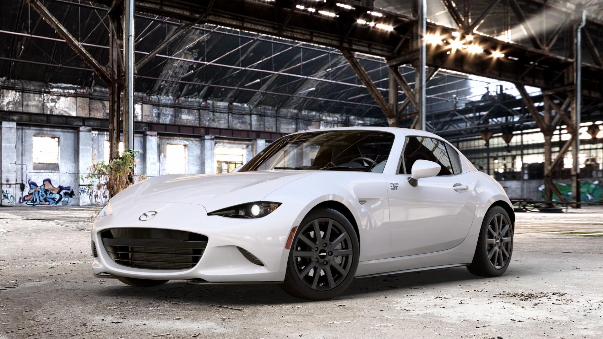 AUTEC Skandic Schwarz matt Felge mit Reifen in 16Zoll Winterfelge Alufelge auf weissem Mazda MX-5 IV RF (ND) ⬇️ mit 15mm Tieferlegung ⬇️ Old Industrial Hall_max_4400mm_2024 Frontansicht_1