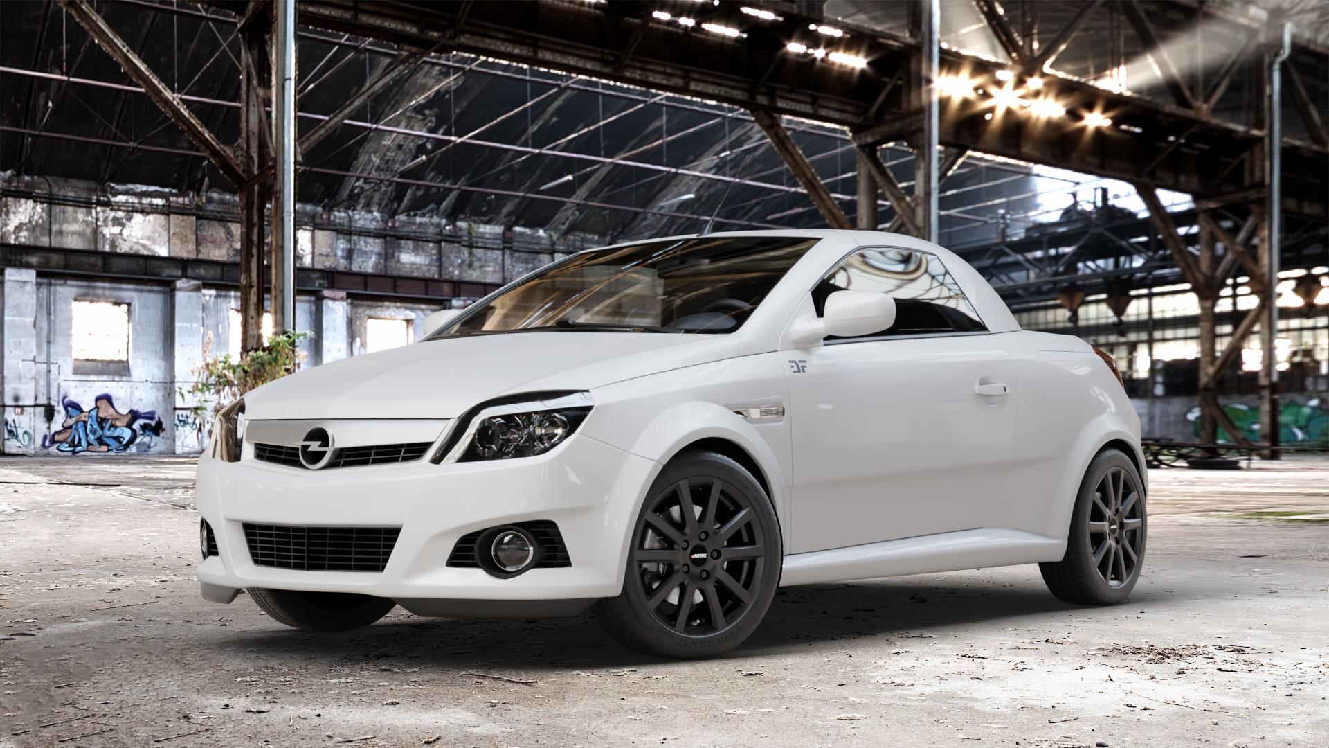 AUTEC Skandic Schwarz matt Felge mit Reifen in 16Zoll Winterfelge Alufelge auf weissem Opel Tigra B TwinTop ⬇️ mit 15mm Tieferlegung ⬇️ Old Industrial Hall_max_4400mm_2024 Frontansicht_1