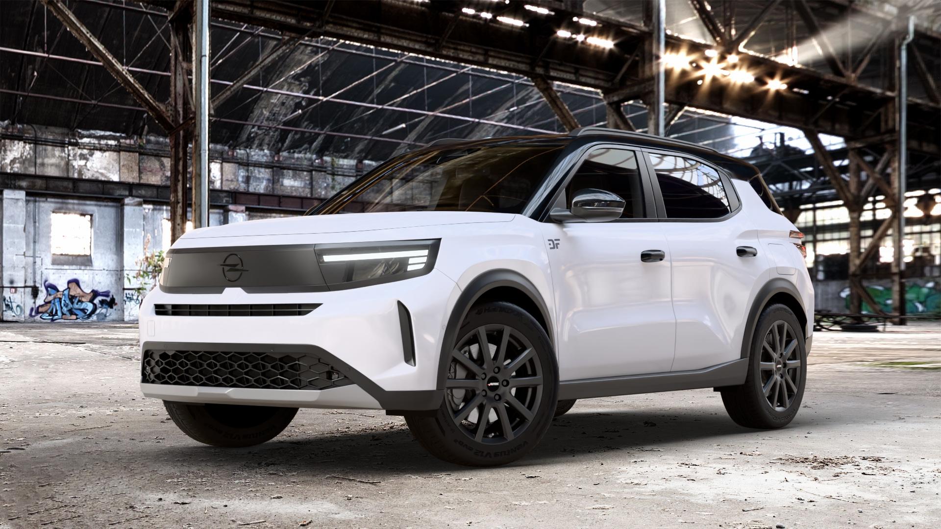 AUTEC Skandic Schwarz matt Felge mit Reifen in 17Zoll Winterfelge Alufelge auf weissem Opel Frontera C 1,2l 100kW Mild-Hybrid (136 PS) 74kW (101 0,0l 53kW Electric (72 ⬇️ mit 15mm Tieferlegung ⬇️ Old Industrial Hall_max_4400mm_2024 Frontansicht_1