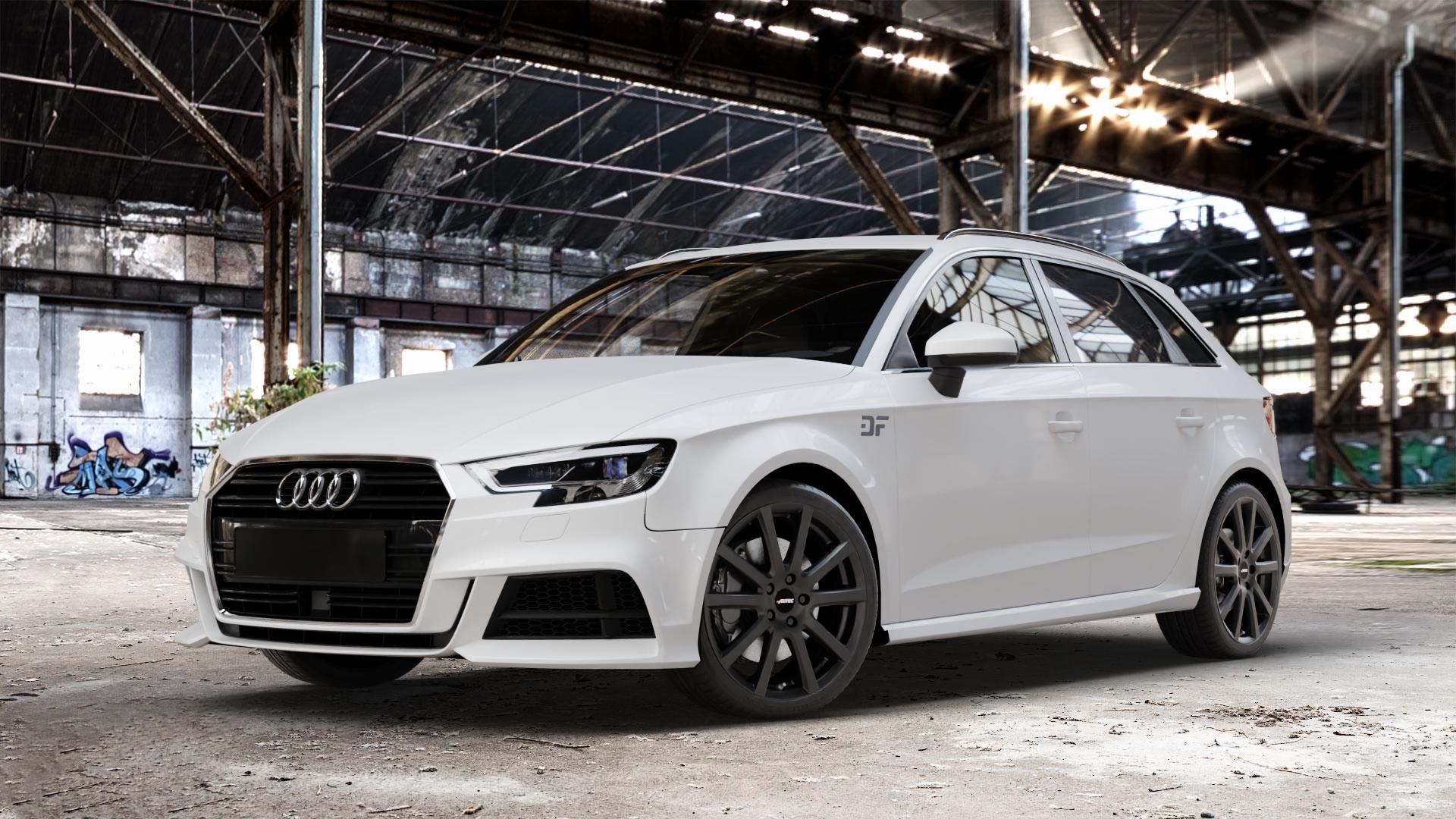 AUTEC Skandic Schwarz matt Felge mit Reifen in 18Zoll Winterfelge Alufelge auf weissem Audi A3 Typ 8V (Sportback) Facelift ⬇️ mit 15mm Tieferlegung ⬇️ Old Industrial Hall_max_4400mm_2024 Frontansicht_1