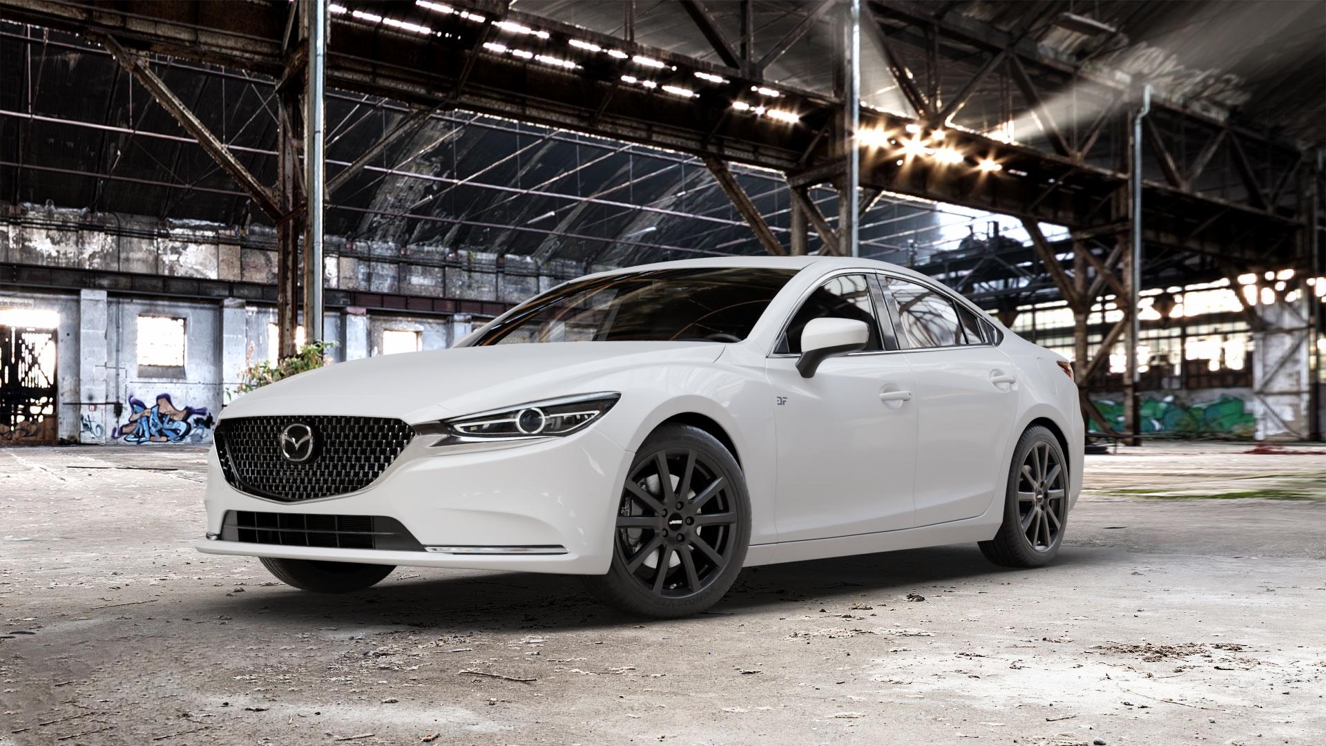 AUTEC Skandic Schwarz matt Felge mit Reifen in 18Zoll Winterfelge Alufelge auf weissem Mazda 6 III (18-) Limousine (GH) Facelift ⬇️ mit 15mm Tieferlegung ⬇️ Old Industrial Hall_max_5300mm_2024 Frontansicht_1