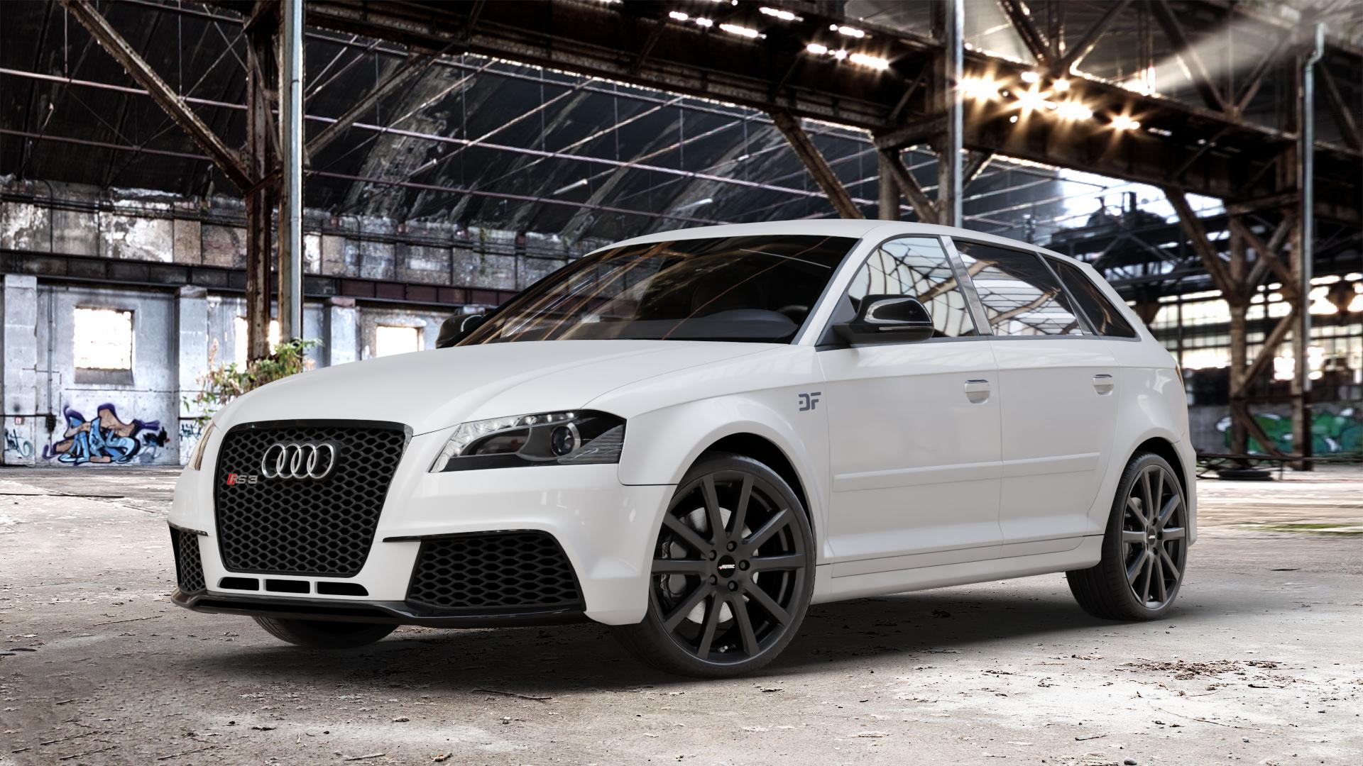 AUTEC Skandic Schwarz matt Felge mit Reifen in 19Zoll Winterfelge Alufelge auf weissem Audi A3 Typ 8P (Sportback) 2,5l RS3 quattro 250kW (340 PS) ⬇️ mit 15mm Tieferlegung ⬇️ Old Industrial Hall_max_4400mm_2024 Frontansicht_1