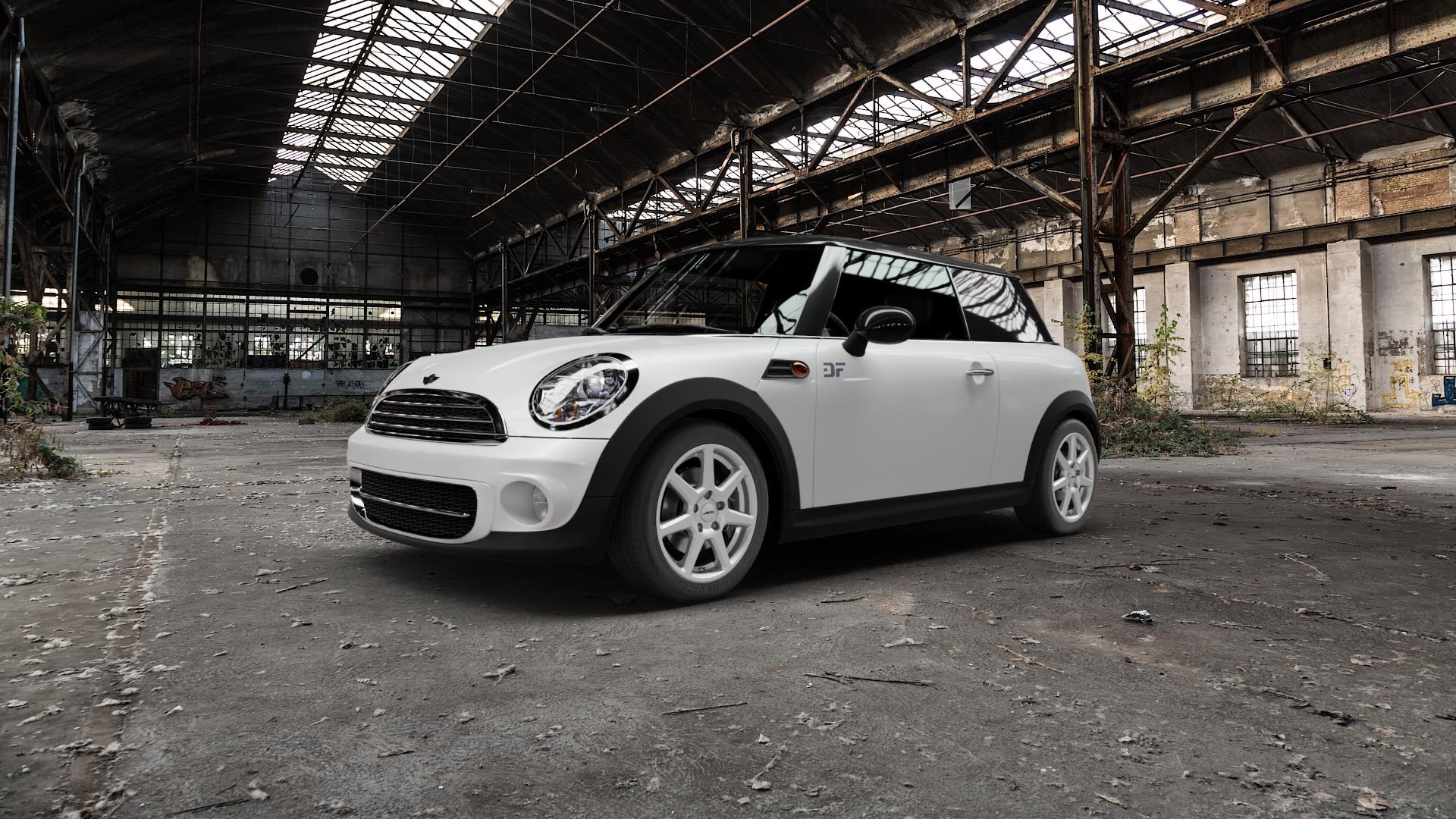 AUTEC Tallin Brillantsilber Felge mit Reifen in 16Zoll Winterfelge Alufelge auf weissem Mini R56 Typ UKL-L (Limousine) MINI-N ⬇️ mit 15mm Tieferlegung ⬇️ Old Industrial Hall_max5000mm_2022 Frontansicht_1
