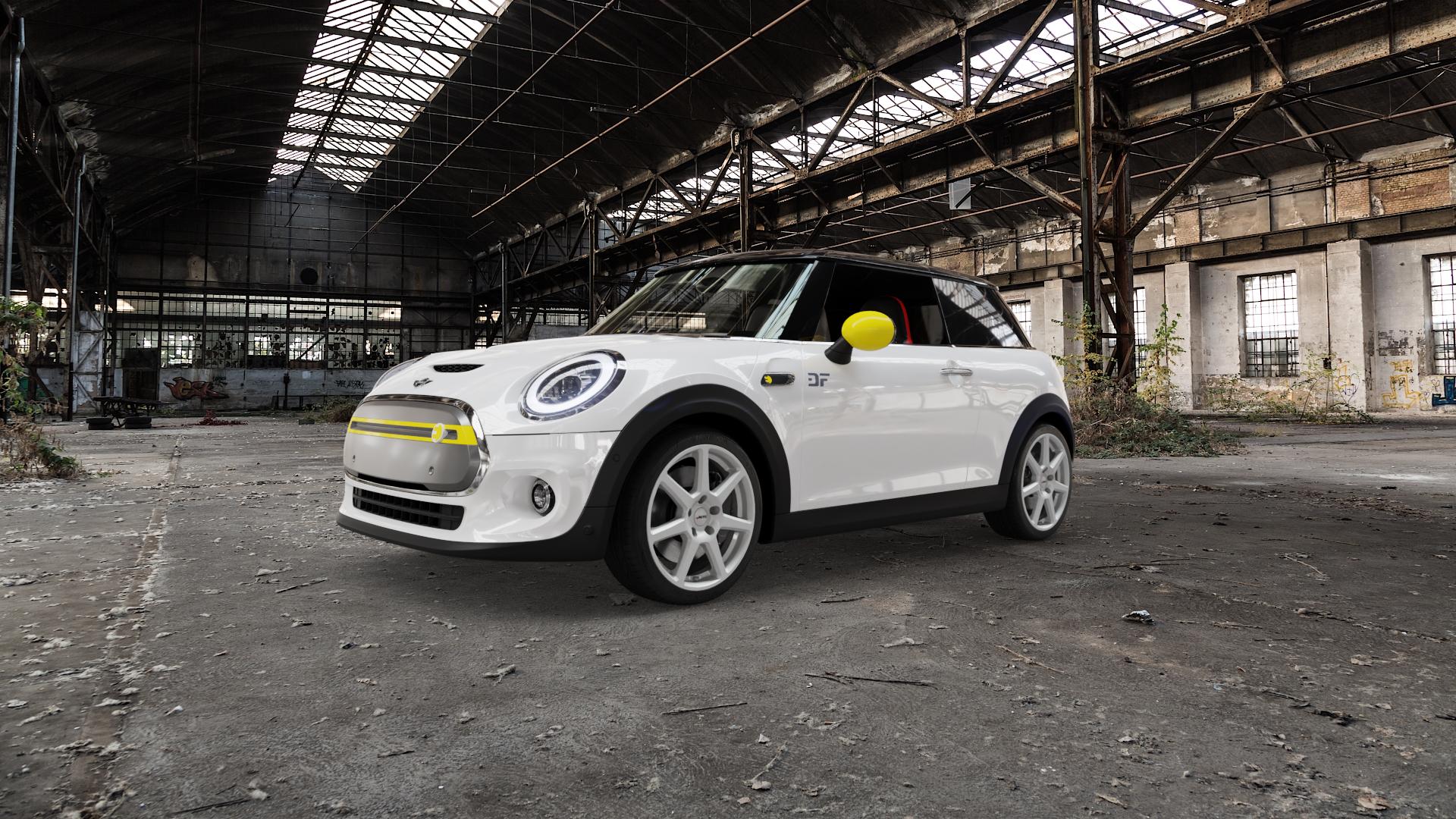 AUTEC Tallin Brillantsilber Felge mit Reifen in 17Zoll Winterfelge Alufelge auf weissem Mini F56 Typ FML2E (3-Türer Limousine) 0,0l Cooper SE 75kW (102 PS) ⬇️ mit 15mm Tieferlegung ⬇️ Old Industrial Hall_max5000mm_2022 Frontansicht_1