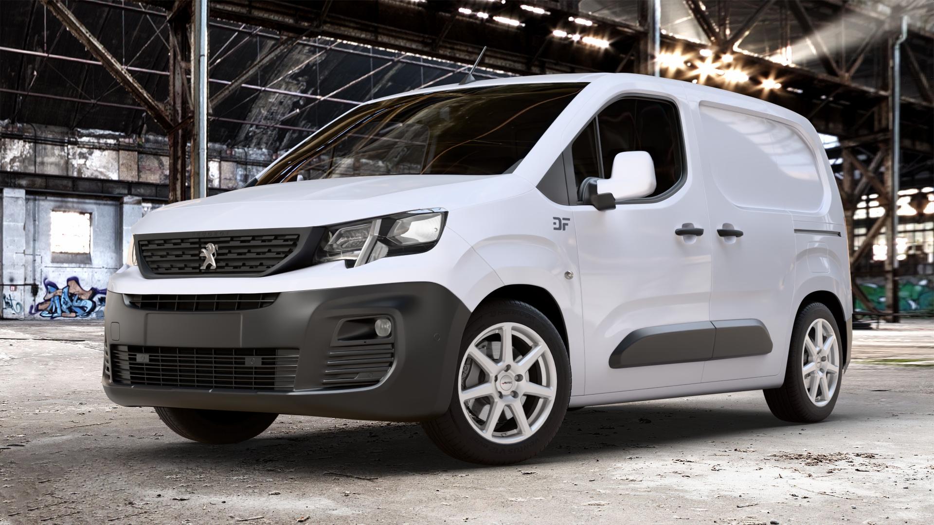 AUTEC Tallin Brillantsilber Felge mit Reifen in 17Zoll Winterfelge Alufelge auf weissem Peugeot Partner III Typ E 1,5l HDi 96kW (131 PS) 75kW (102 1,2l PureTech 81kW (110 56kW (76 1,6l 55kW (75 73kW (99 0,0l e-Partner 57kW (77 ⬇️ mit 15mm Tieferlegung ⬇️ Old Industrial Hall_max_4400mm_2024 Frontansicht_1