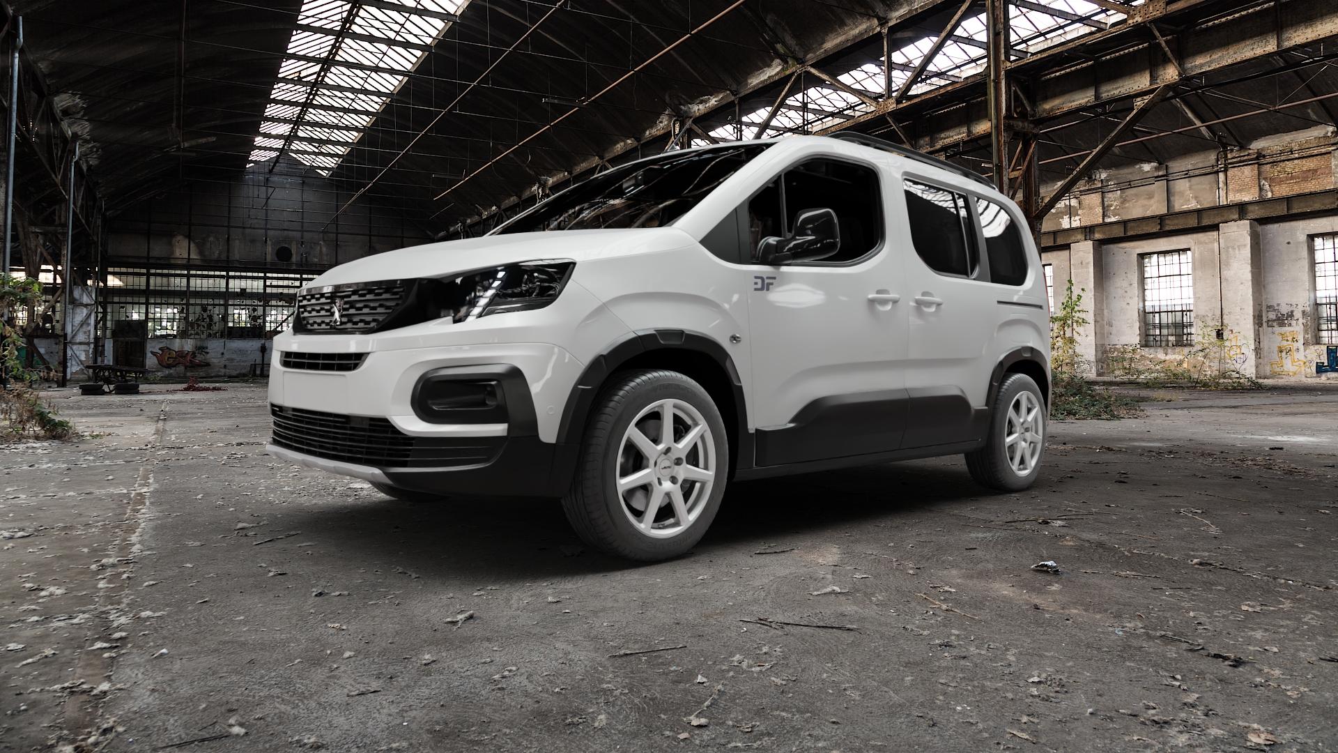 AUTEC Tallin Brillantsilber Felge mit Reifen in 17Zoll Winterfelge Alufelge auf weissem Peugeot Rifter Typ E ⬇️ mit 15mm Tieferlegung ⬇️ Old Industrial Hall_max5000mm_2022 Frontansicht_1