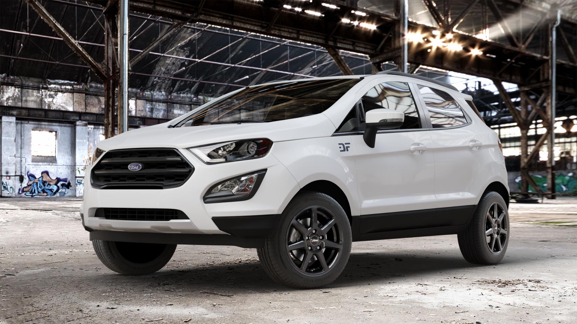 AUTEC Tallin Schwarz Felge mit Reifen in 16Zoll Winterfelge Alufelge auf weissem Ford EcoSport Typ JK8 Facelift ⬇️ mit 15mm Tieferlegung ⬇️ Old Industrial Hall_max_4400mm_2024 Frontansicht_1