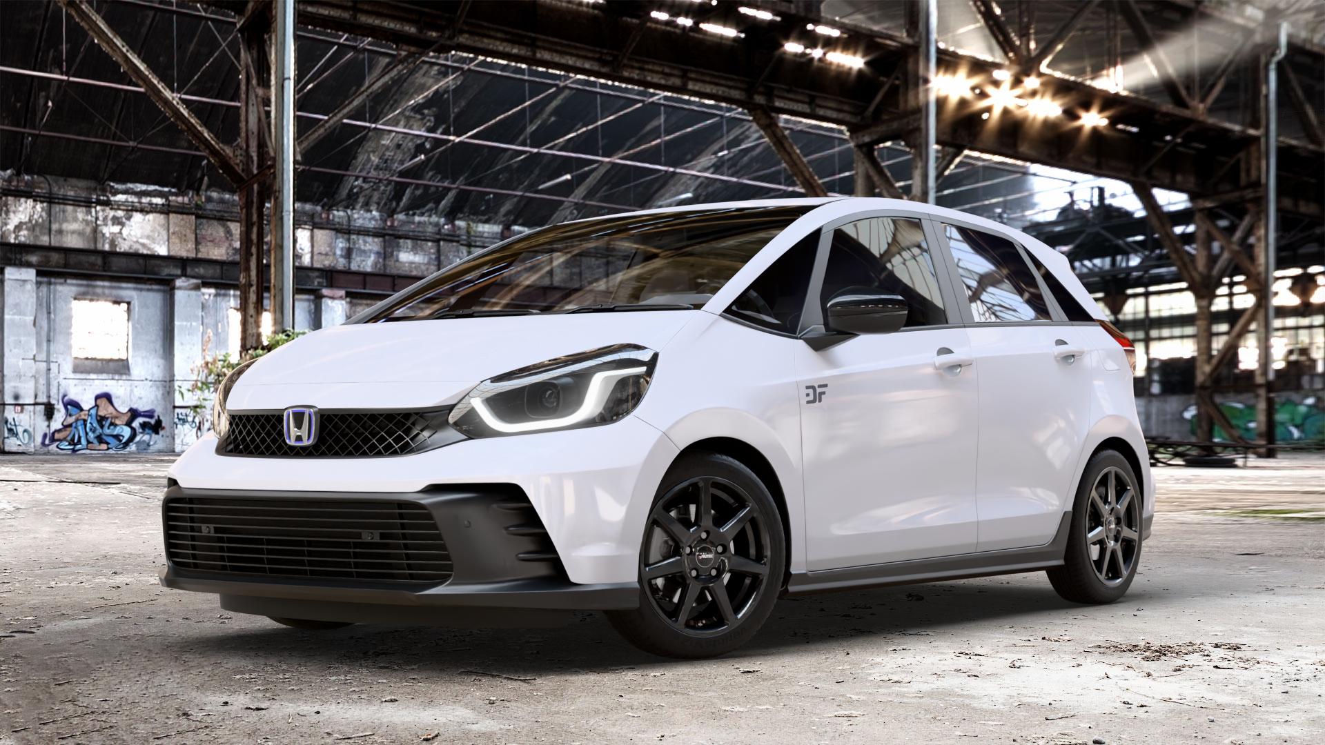 AUTEC Tallin Schwarz Felge mit Reifen in 16Zoll Winterfelge Alufelge auf weissem Honda Jazz V (GR) Facelift 1,5l e:HEV 79kW Mild-Hybrid (107 PS) ⬇️ mit 15mm Tieferlegung ⬇️ Old Industrial Hall_max_4400mm_2024 Frontansicht_1