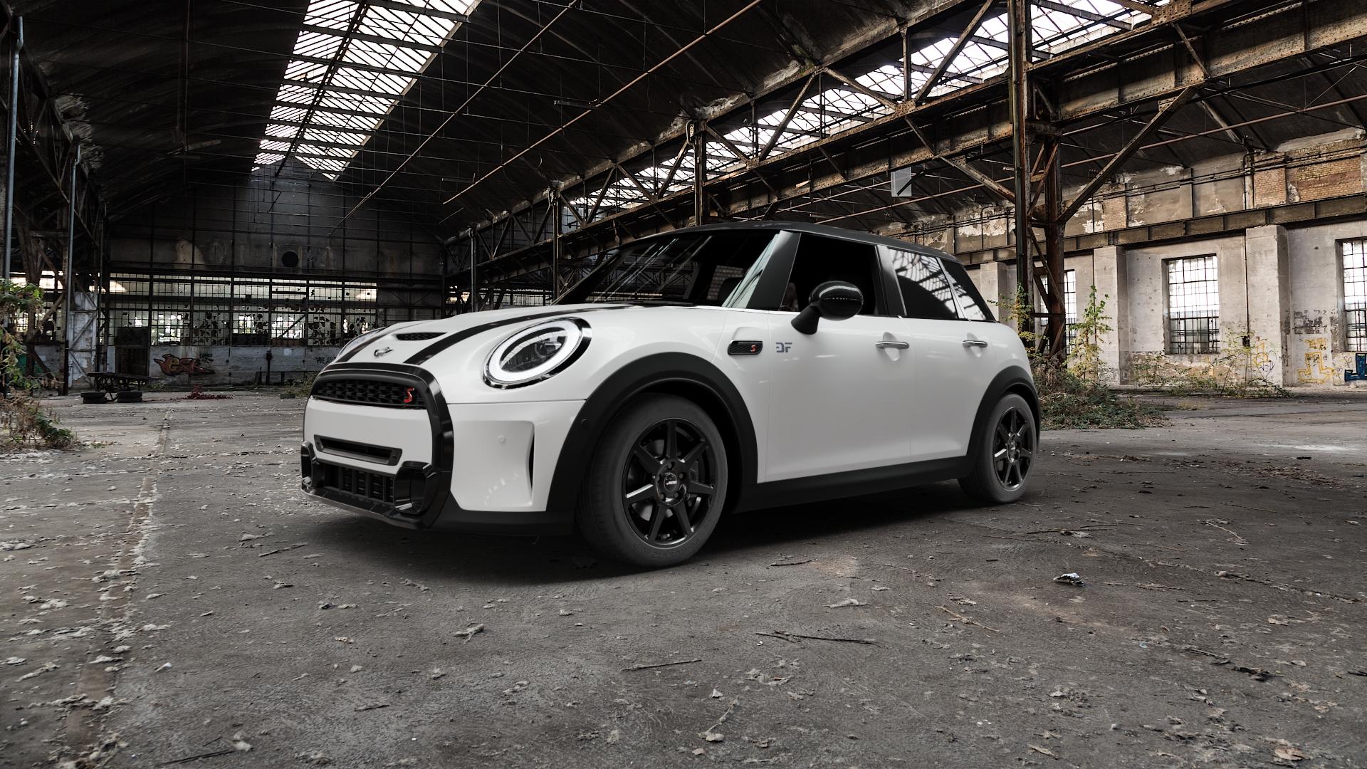 AUTEC Tallin Schwarz Felge mit Reifen in 16Zoll Winterfelge Alufelge auf weissem Mini F55 Typ FML4 (5-Türer Limousine) Facelift 21-> ⬇️ mit 15mm Tieferlegung ⬇️ Old Industrial Hall_max5000mm_2022 Frontansicht_1