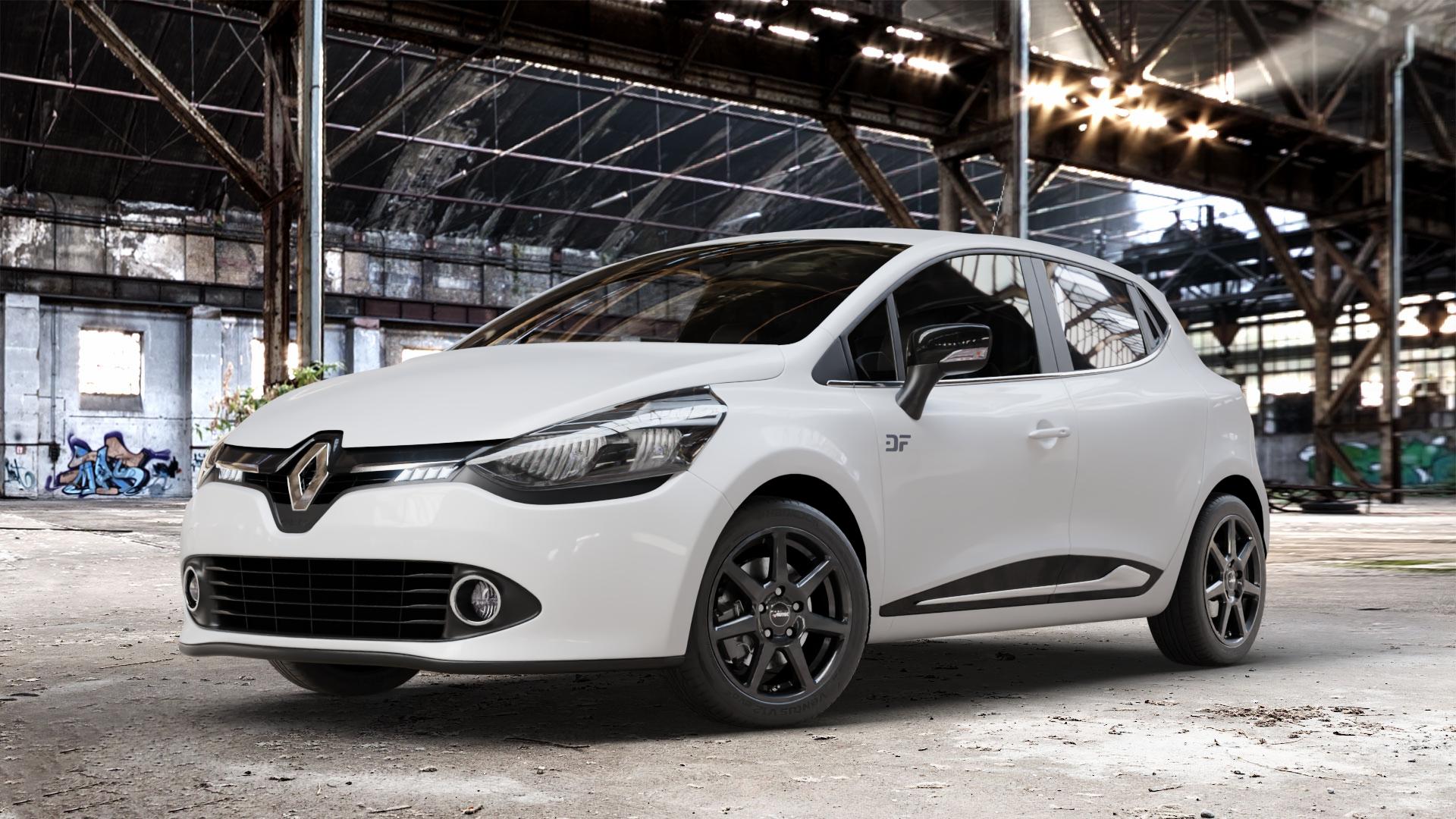 AUTEC Tallin Schwarz Felge mit Reifen in 16Zoll Winterfelge Alufelge auf weissem Renault Clio IV Typ R ⬇️ mit 15mm Tieferlegung ⬇️ Old Industrial Hall_max_4400mm_2024 Frontansicht_1