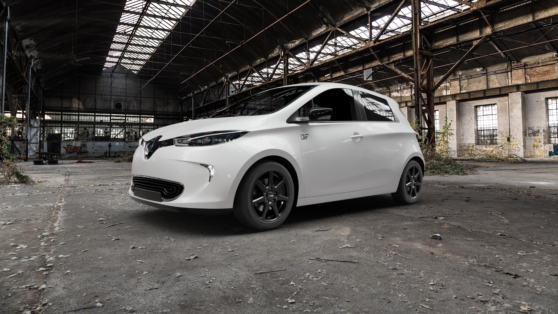 AUTEC Tallin Schwarz Felge mit Reifen in 16Zoll Winterfelge Alufelge auf weissem Renault ZOE Typ AG ⬇️ mit 15mm Tieferlegung ⬇️ Old Industrial Hall_max5000mm_2022 Frontansicht_1