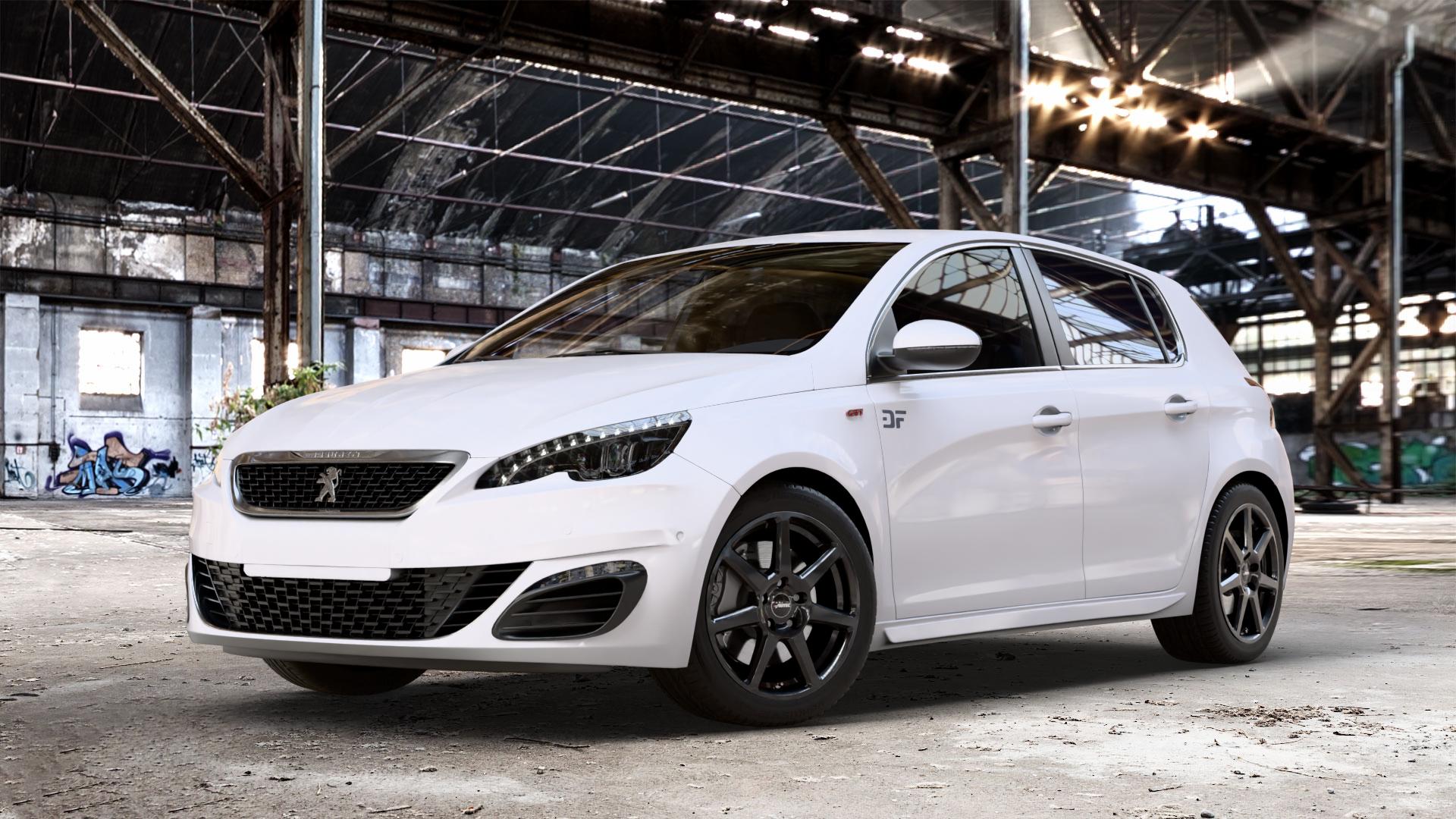 AUTEC Tallin Schwarz Felge mit Reifen in 17Zoll Winterfelge Alufelge auf weissem Peugeot 308 II Typ L Facelift ⬇️ mit 15mm Tieferlegung ⬇️ Old Industrial Hall_max_4400mm_2024 Frontansicht_1