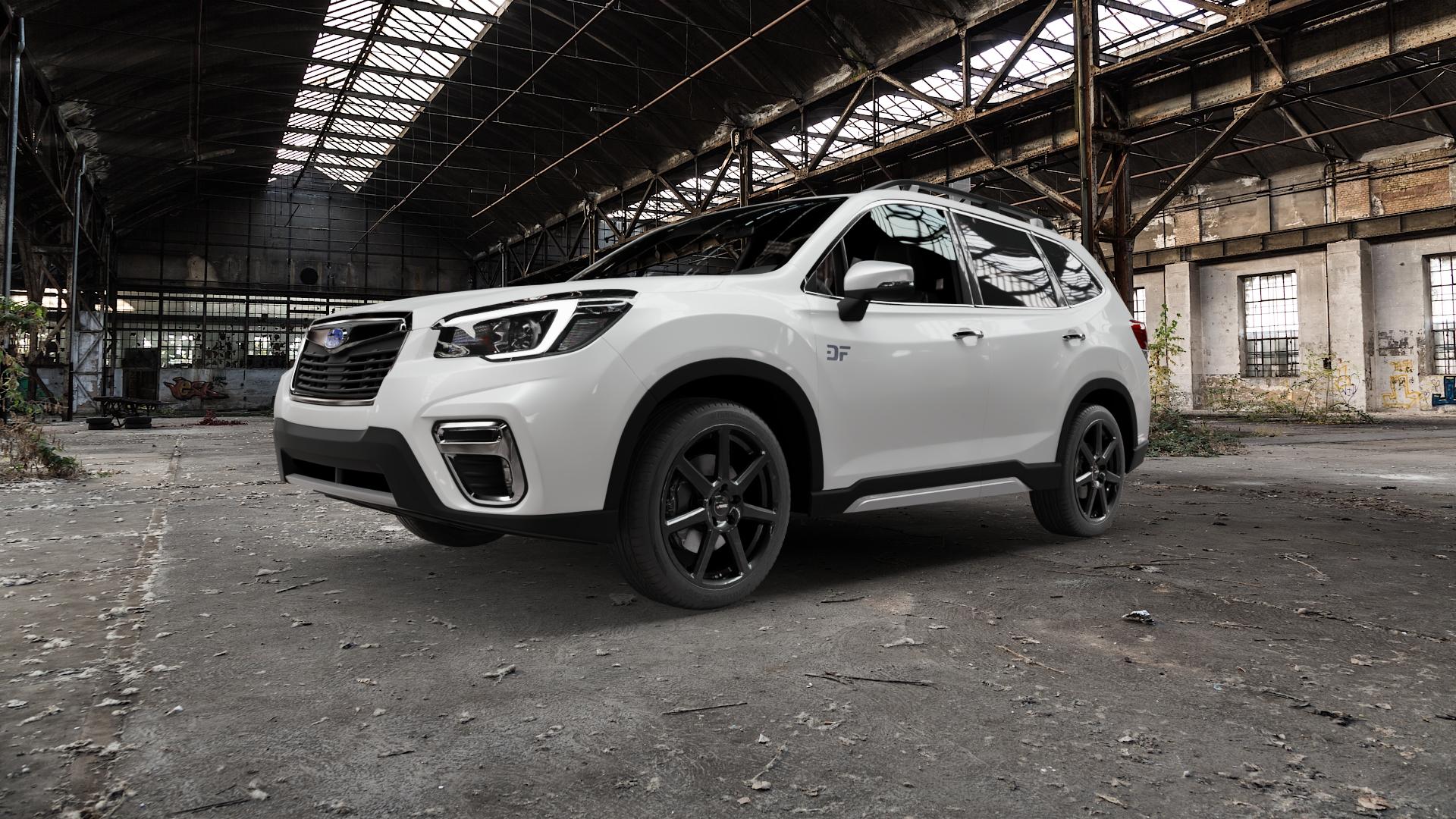 AUTEC Tallin Schwarz Felge mit Reifen in 19Zoll Winterfelge Alufelge auf weissem Subaru Forester V Typ S5 ⬇️ mit 15mm Tieferlegung ⬇️ Old Industrial Hall_max5000mm_2022 Frontansicht_1