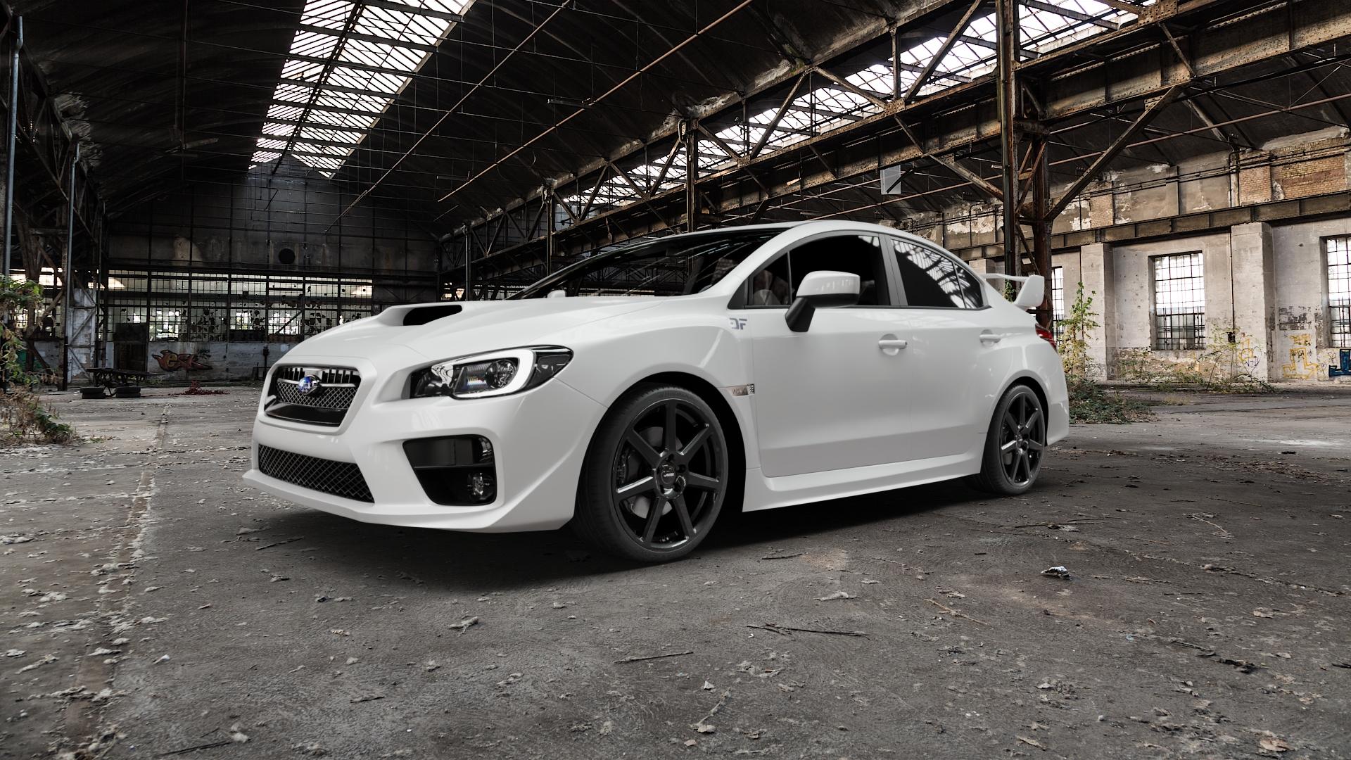AUTEC Tallin Schwarz Felge mit Reifen in 19Zoll Winterfelge Alufelge auf weissem Subaru WRX Typ V1 2,5l STI AWD 221kW (300 PS) ⬇️ mit 15mm Tieferlegung ⬇️ Old Industrial Hall_max5000mm_2022 Frontansicht_1