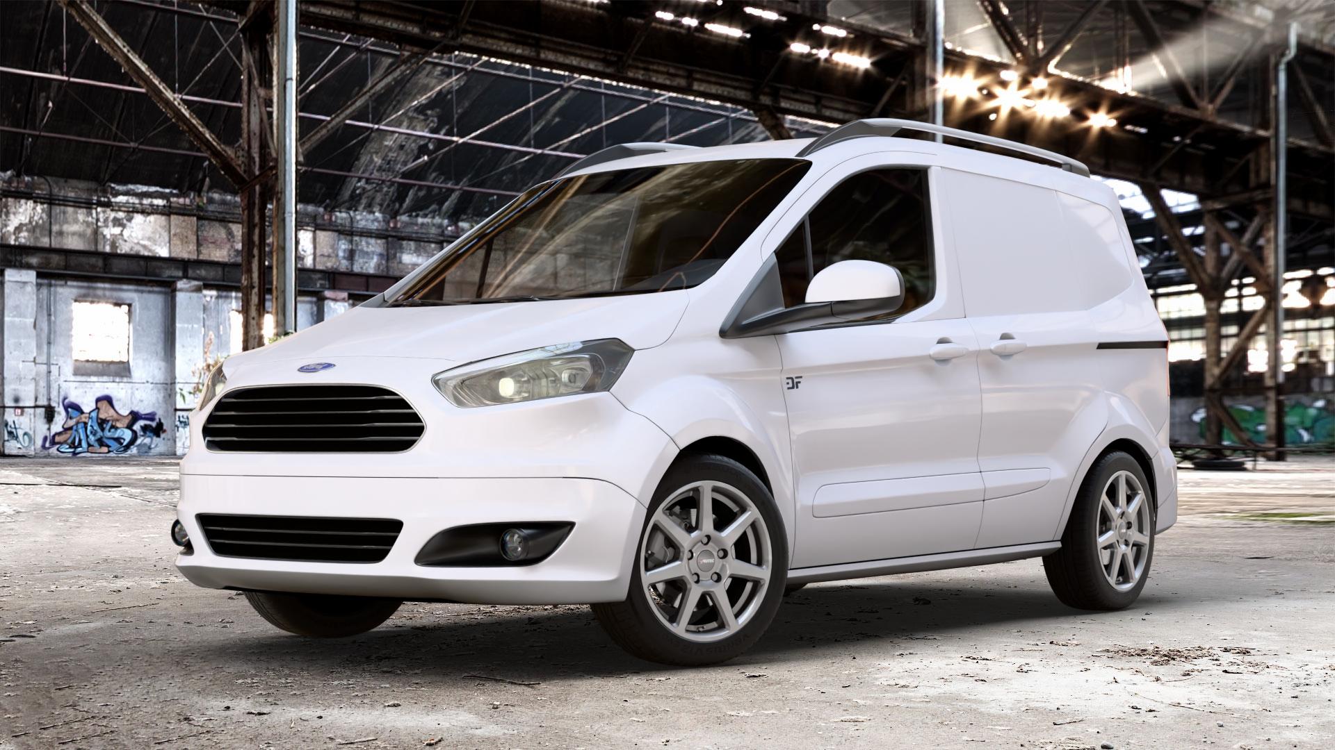 AUTEC Tallin Titansilber Felge mit Reifen grau in 16Zoll Winterfelge Alufelge auf weissem Ford Transit Courier Typ JN8 (14->) JU2 ⬇️ mit 15mm Tieferlegung ⬇️ Old Industrial Hall_max_4400mm_2024 Frontansicht_1