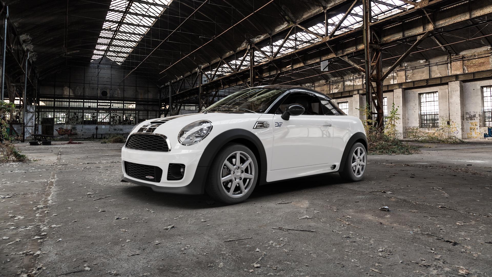 AUTEC Tallin Titansilber Felge mit Reifen grau in 16Zoll Winterfelge Alufelge auf weissem Mini R58 Typ UKL-C (Coupe) 1,6l Cooper 90kW (122 PS) S 135kW (184 2,0l SD 105kW (143 JCW 155kW (211 ⬇️ mit 15mm Tieferlegung ⬇️ Old Industrial Hall_max5000mm_2022 Frontansicht_1