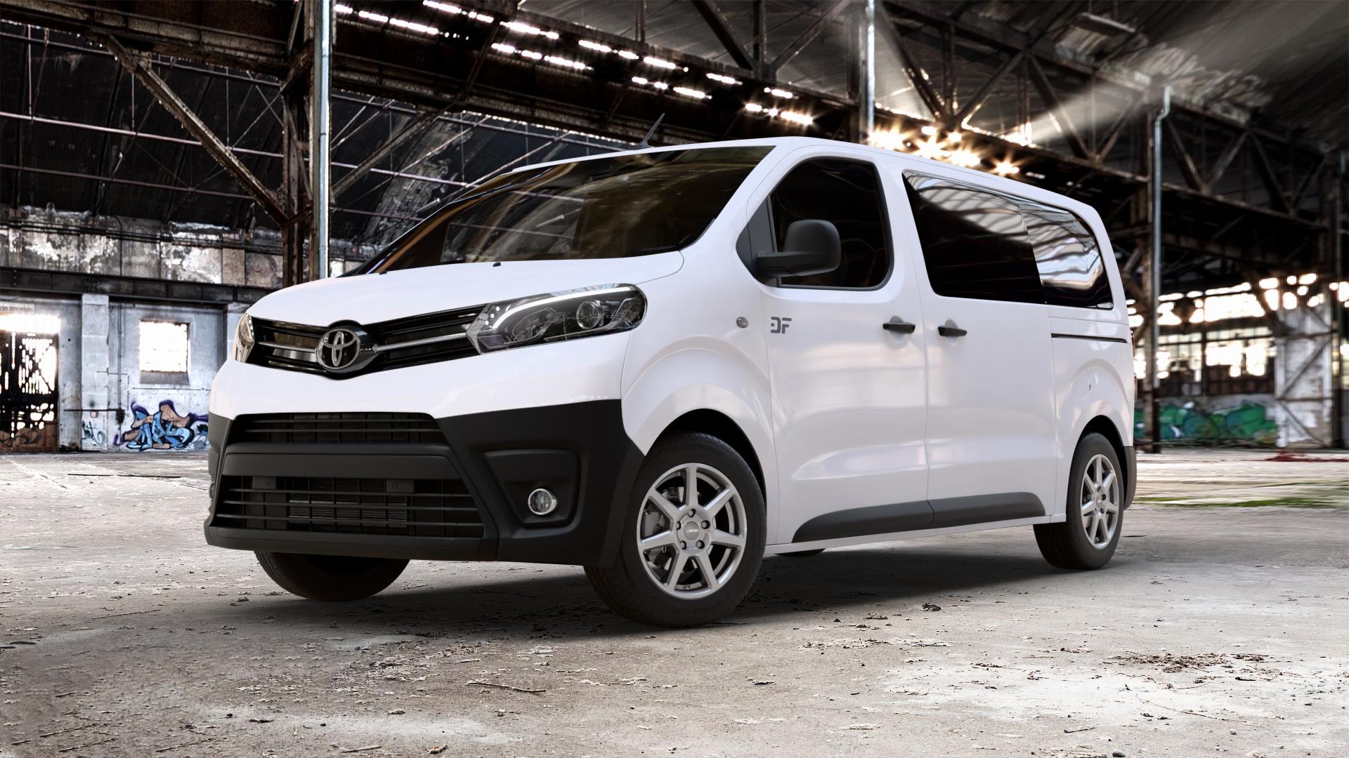 AUTEC Tallin Titansilber Felge mit Reifen grau in 16Zoll Winterfelge Alufelge auf weissem Toyota Proace II Verso Typ V ⬇️ mit 15mm Tieferlegung ⬇️ Old Industrial Hall_max_5300mm_2024 Frontansicht_1