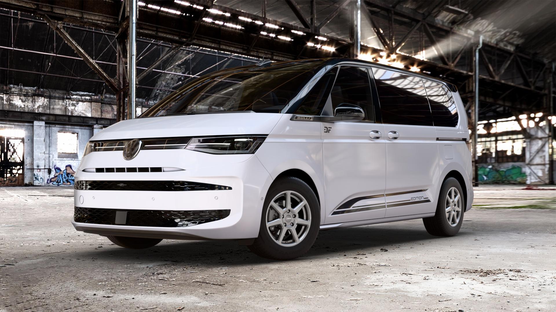 AUTEC Tallin Titansilber Felge mit Reifen grau in 16Zoll Winterfelge Alufelge auf weissem und schwarzem Volkswagen (VW) T7 Multivan Bus ⬇️ mit 15mm Tieferlegung ⬇️ Old Industrial Hall_max_5300mm_2024 Frontansicht_1