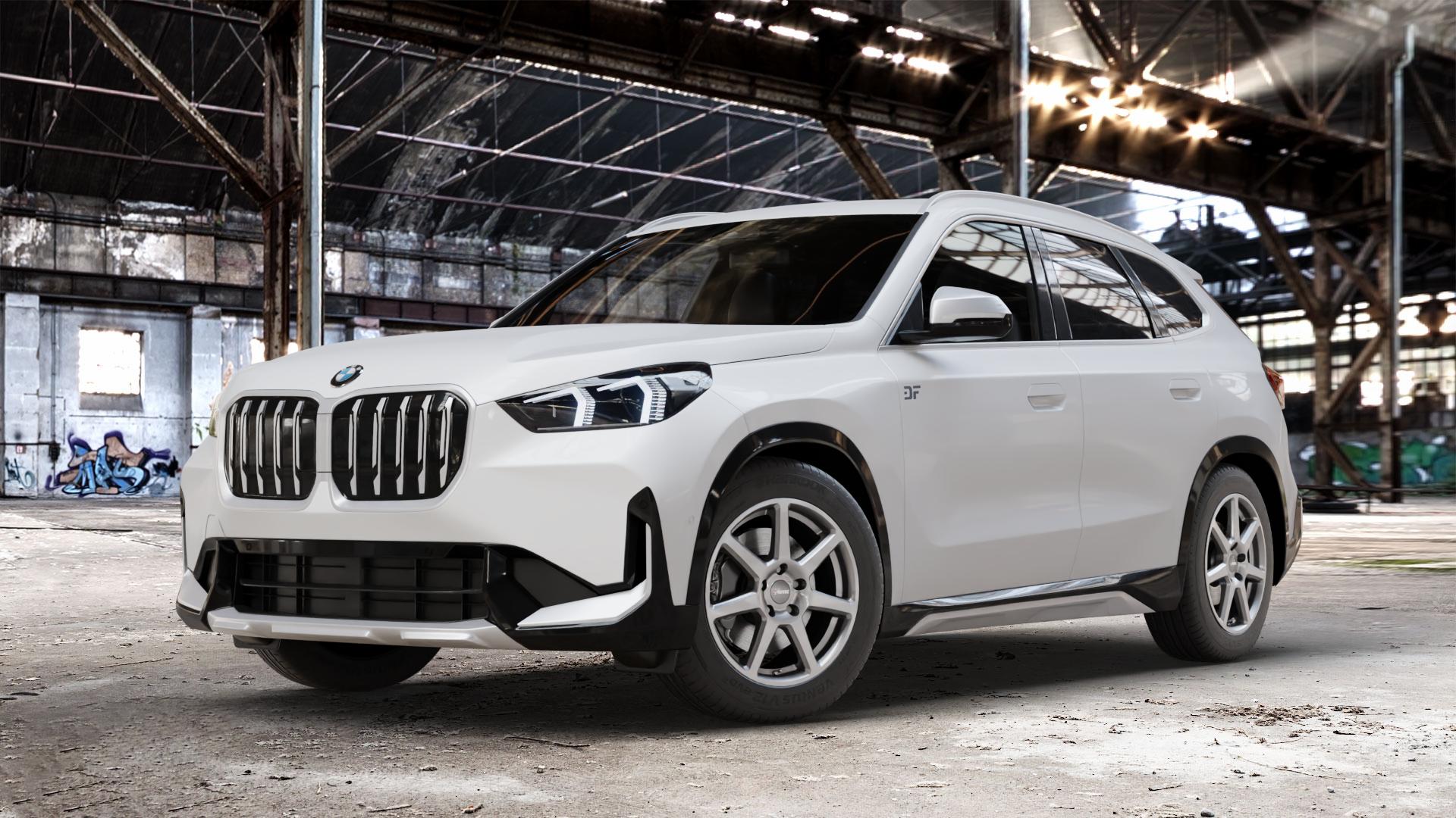 AUTEC Tallin Titansilber Felge mit Reifen grau in 17Zoll Winterfelge Alufelge auf weissem BMW X1 Typ U11 (U1X) ⬇️ mit 15mm Tieferlegung ⬇️ Old Industrial Hall_max_4400mm_2024 Frontansicht_1