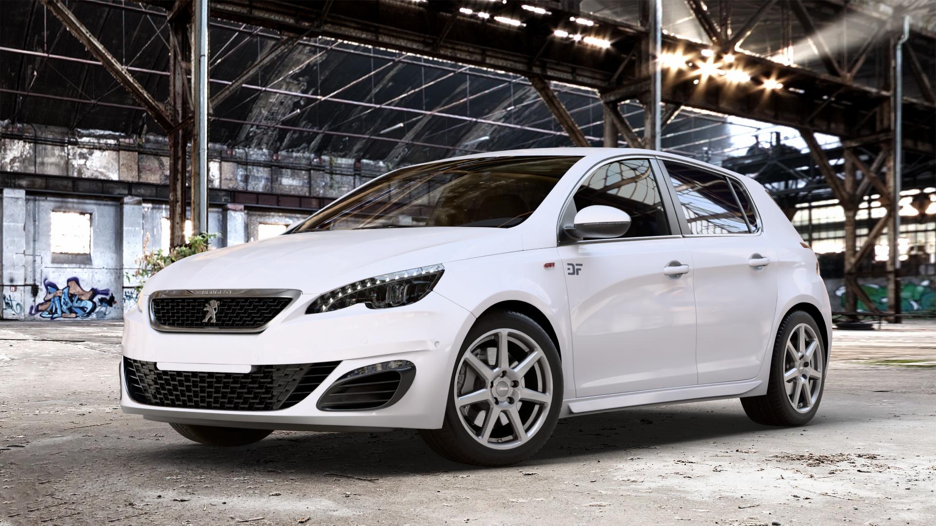 AUTEC Tallin Titansilber Felge mit Reifen grau in 17Zoll Winterfelge Alufelge auf weissem Peugeot 308 II Typ L Facelift ⬇️ mit 15mm Tieferlegung ⬇️ Old Industrial Hall_max_4400mm_2024 Frontansicht_1