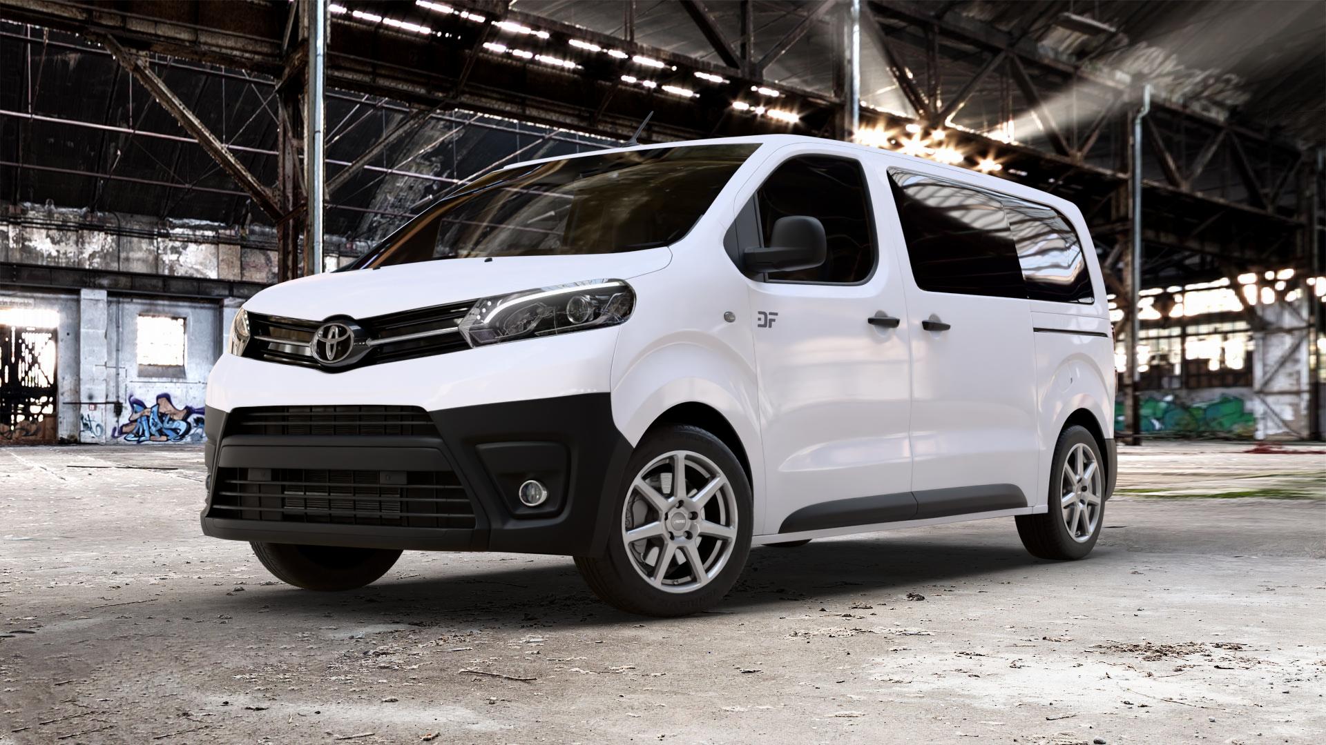 AUTEC Tallin Titansilber Felge mit Reifen grau in 17Zoll Winterfelge Alufelge auf weissem Toyota Proace II Verso Typ V ⬇️ mit 15mm Tieferlegung ⬇️ Old Industrial Hall_max_5300mm_2024 Frontansicht_1