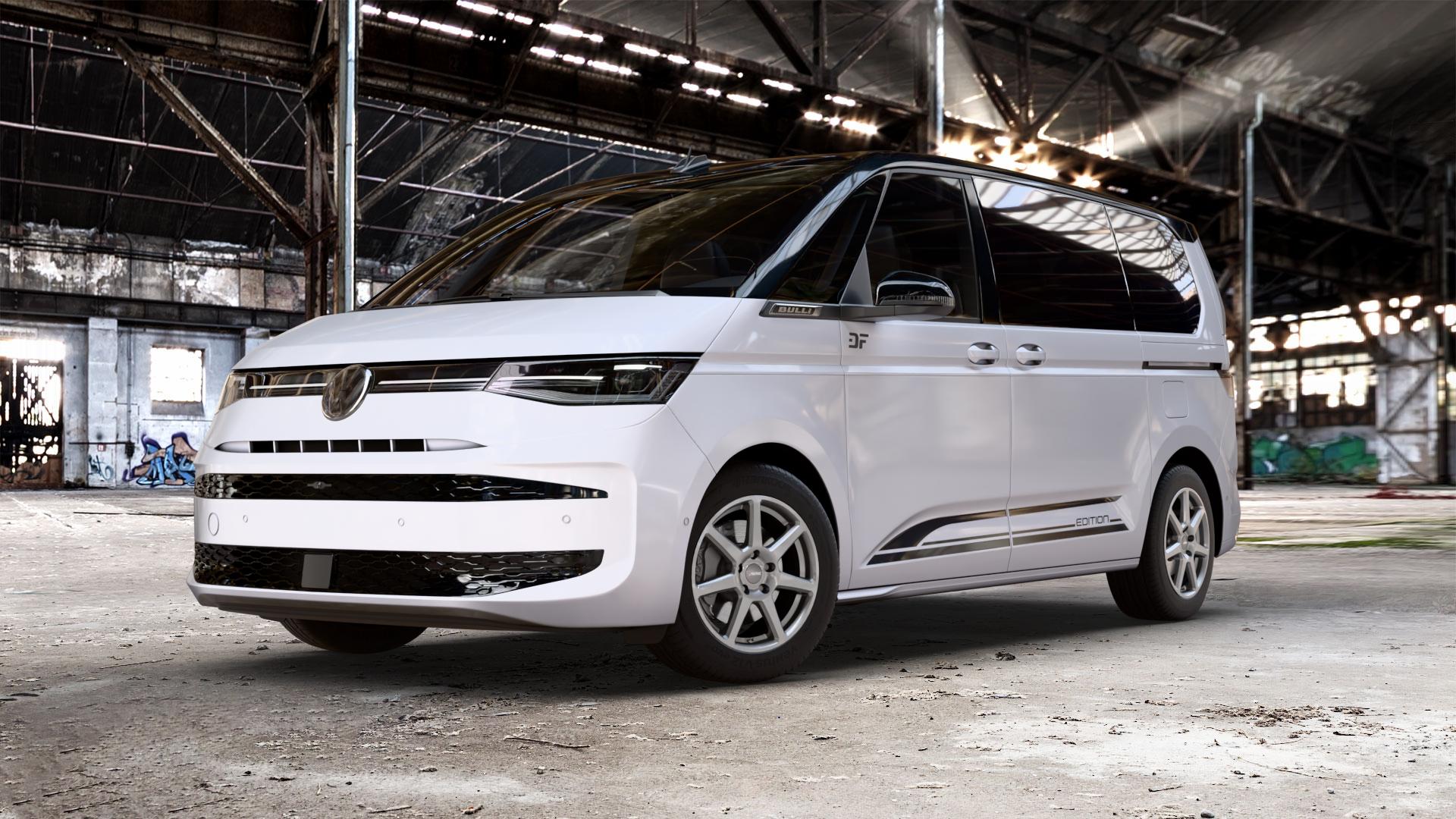 AUTEC Tallin Titansilber Felge mit Reifen grau in 17Zoll Winterfelge Alufelge auf weissem und schwarzem Volkswagen (VW) T7 Multivan Bus ⬇️ mit 15mm Tieferlegung ⬇️ Old Industrial Hall_max_5300mm_2024 Frontansicht_1