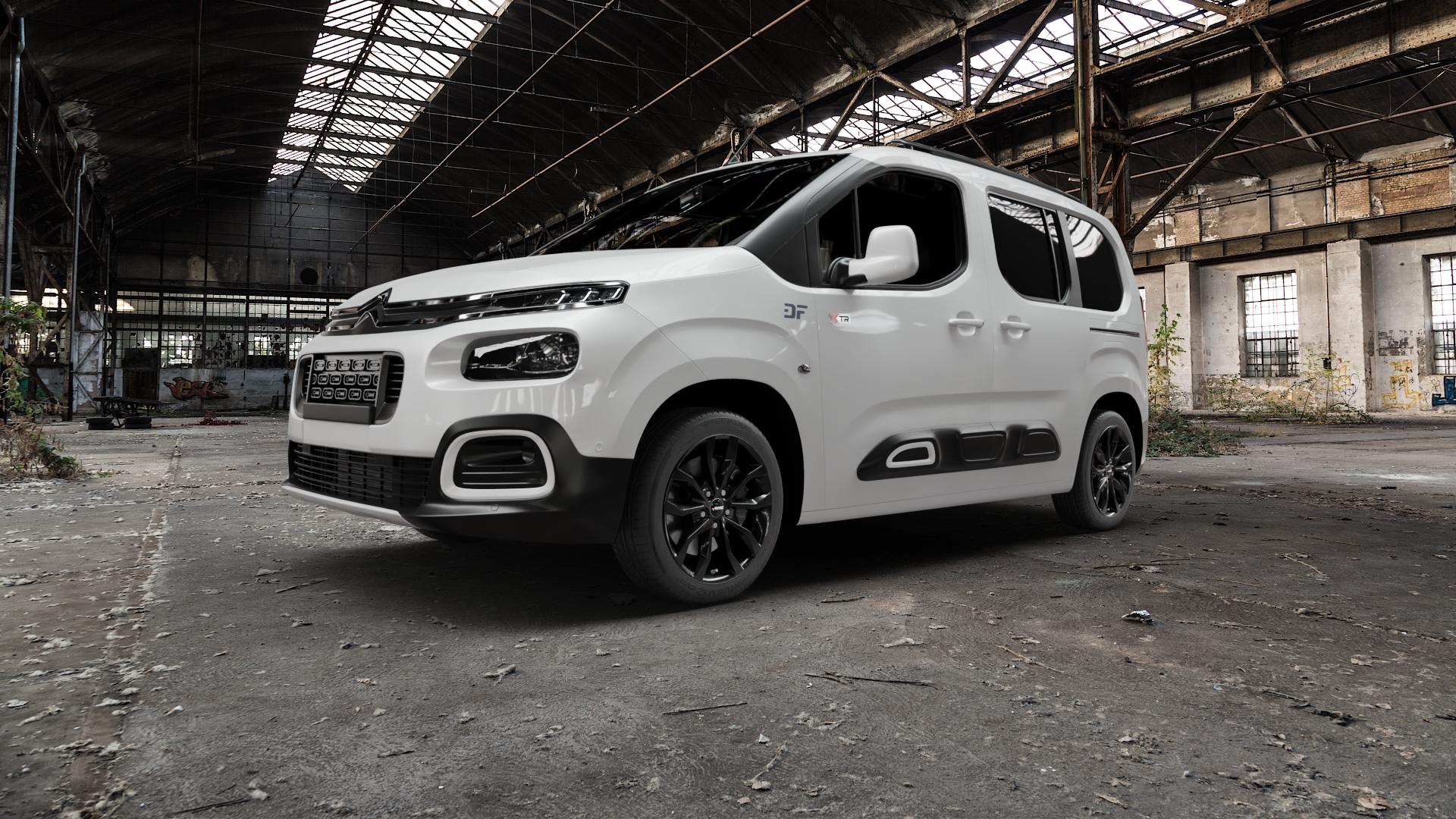 AUTEC Uteca Schwarz Felge mit Reifen in 17Zoll Winterfelge Alufelge auf weissem Citroen Berlingo III Typ E ⬇️ mit 15mm Tieferlegung ⬇️ Old Industrial Hall_max5000mm_2022 Frontansicht_1