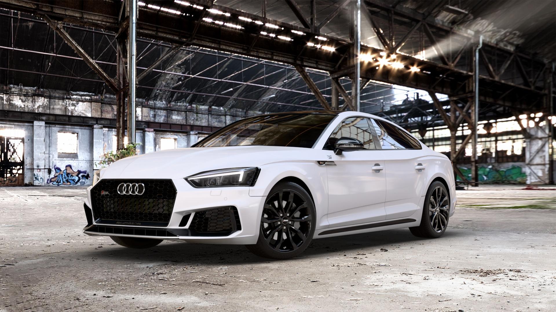 AUTEC Uteca Schwarz Felge mit Reifen in 18Zoll Winterfelge Alufelge auf weissem Audi A5 Typ B9 (Sportback) 3,0l S5 TFSI quattro 260kW (354 PS) 2,9l RS5 331kW (450 TDI 255kW Mild-Hybrid (347 ⬇️ mit 15mm Tieferlegung ⬇️ Old Industrial Hall_max_5300mm_2024 Frontansicht_1
